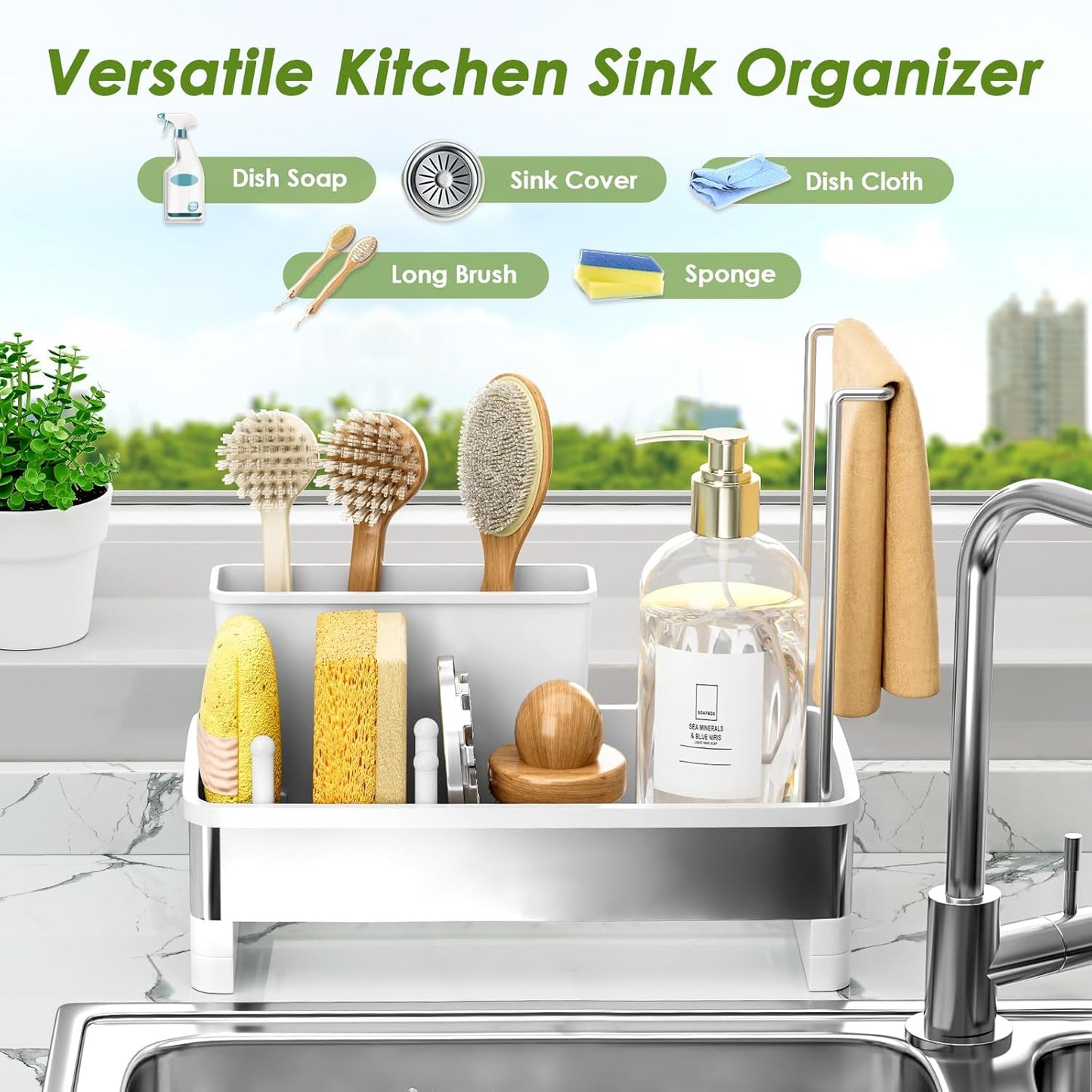 Stainless Steel Sink Caddy, Sponge Holder for Kitchen Sink with Brush Holder & Dishcloth Rack, Rustproof Organizer Countertop, Soap Dispenser Kitchen Organizers Storage Essentials, White