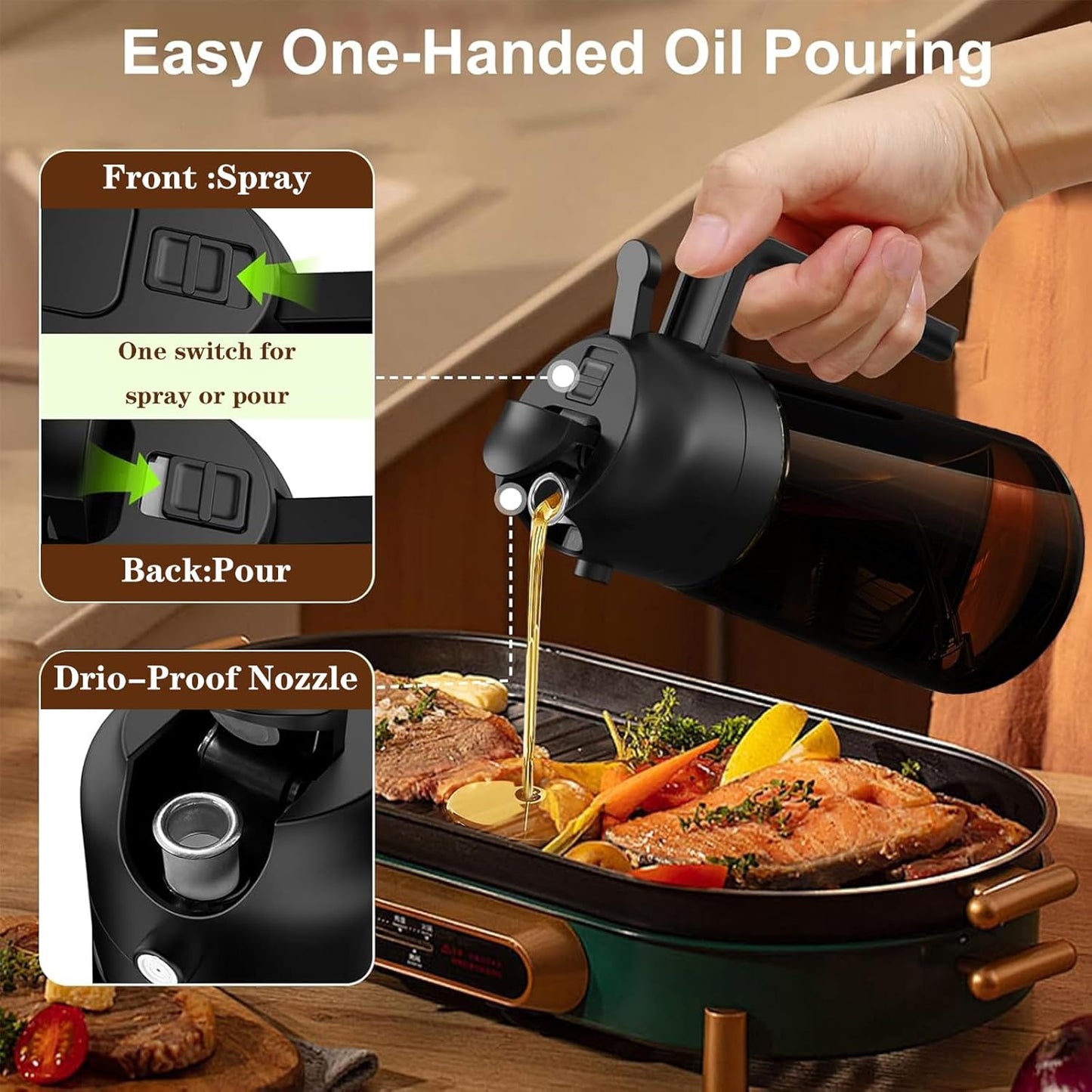 2-in-1 Glass Oil Dispenser & Sprayer - 16oz/470ml Leakproof Olive Oil Sprayer Bottle for Cooking, Air Fryer, BBQ, Baking, Salad (Black)