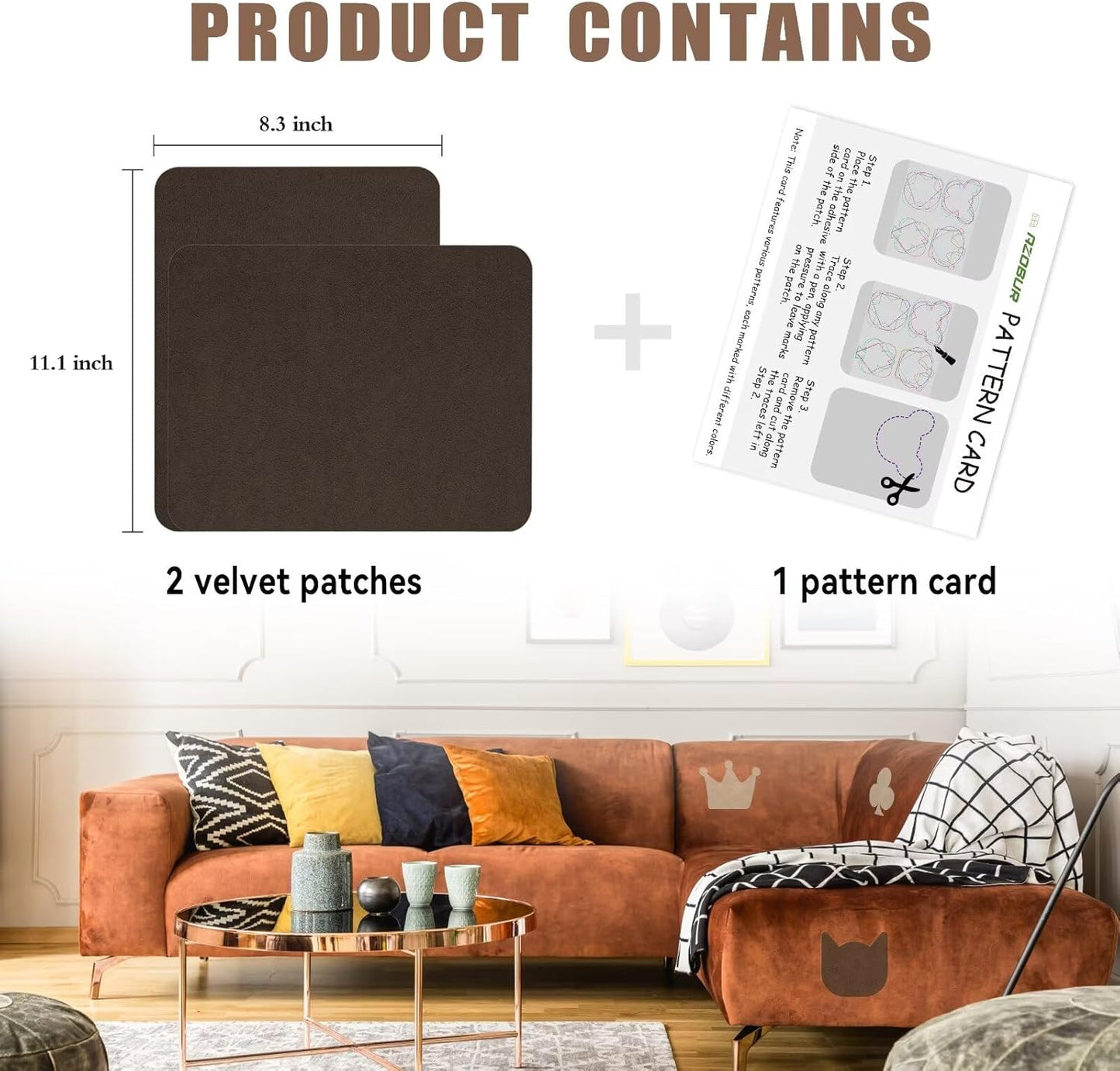 Azobur Fabric Couch Repair Patch 8.3 x 11 inches,Self-Adhesive Fabric Repair Patch for Furniture,Handbag,Sofa,Car Seats-(Dark Brown)