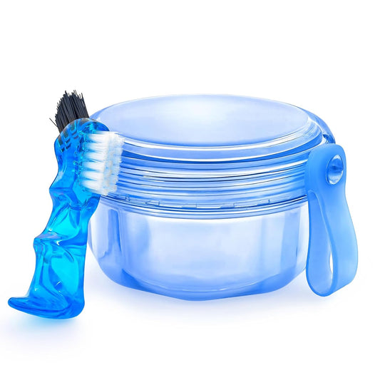 No Leak Partial Denture Case Retainer Bath Box Cup, Denture Soaking Cup False Teeth Holder Box Case with Strainer Basket and Brush - Transparent Blue