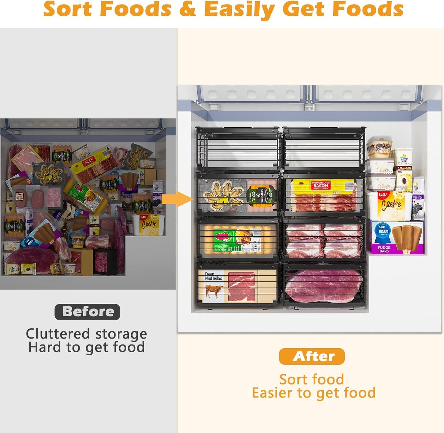 NADAMOO Freezer Organizer Bins, 2 Packs Large Expandable Stackable Chest Freezer Containers with Handle, Metal Adjustable Storage Baskets for Fridge, Deep Freezer, Cabinet, Kitchen, Pantry - Black