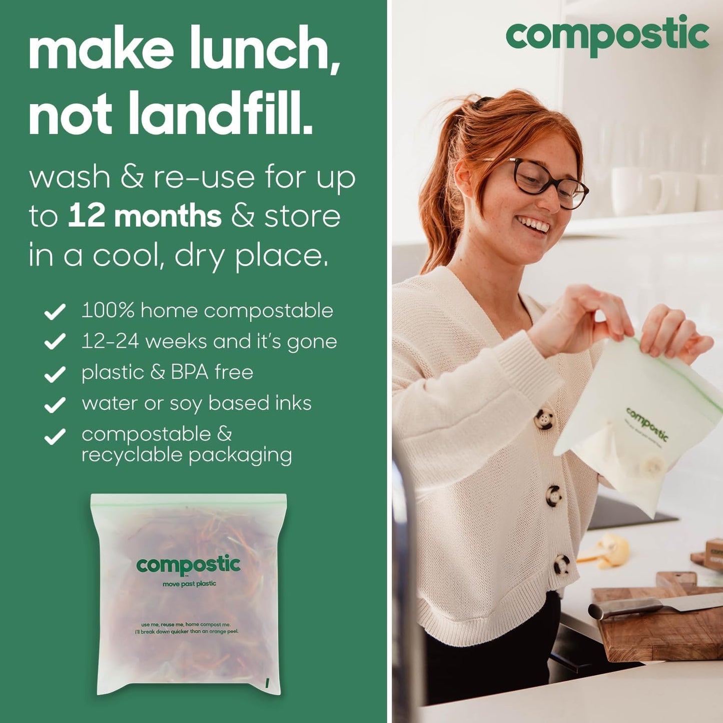 Compostic Home Compostable Resealable Snack Bags (6"x 3.5"), Microwave & Freezer Safe, Organic Food Storage Container, 100 Count (Pack of 2)