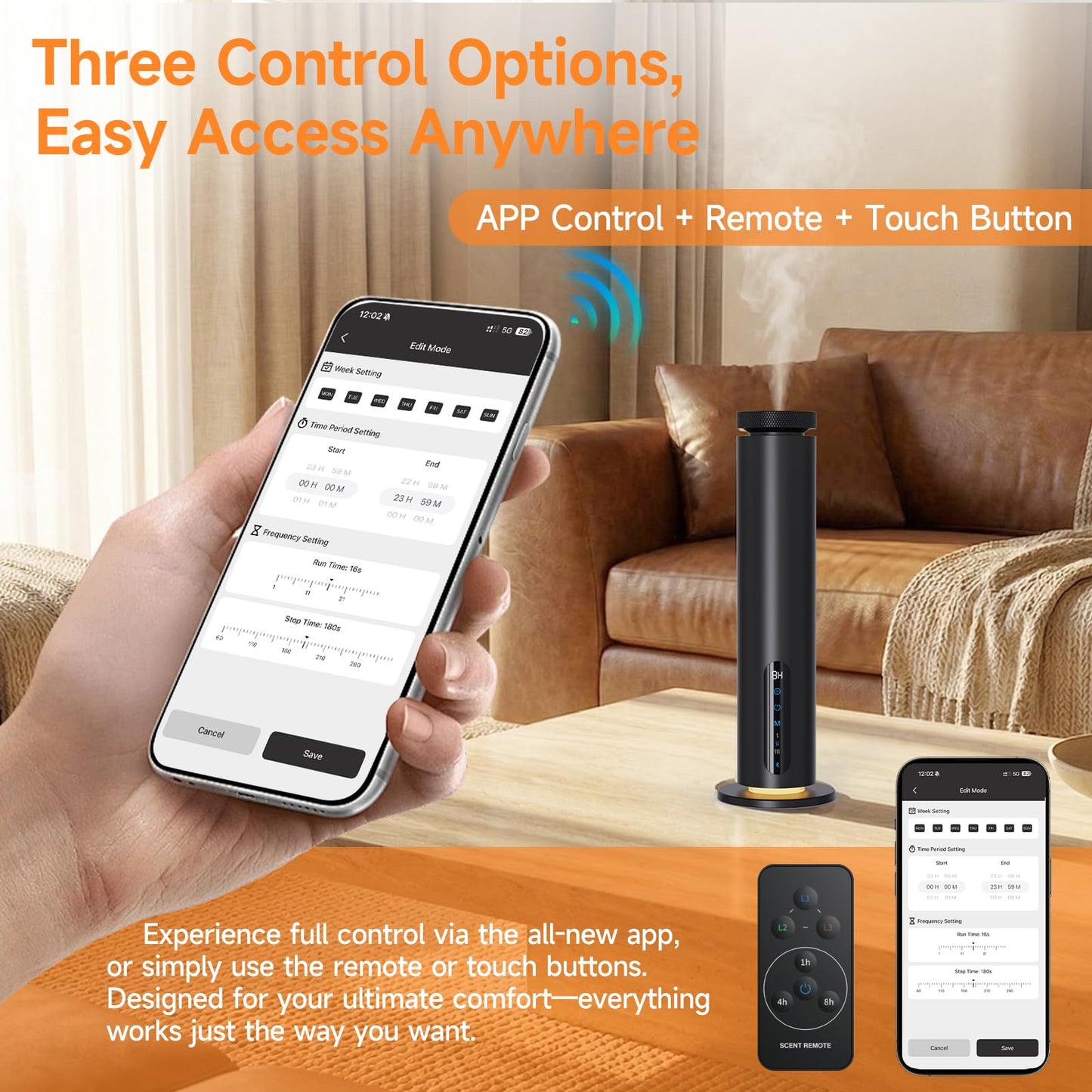 Waterless Essential Oil Diffuser, 1000 Sq.Ft Coverage, Smart App & Remote Control Scent Machine, 3