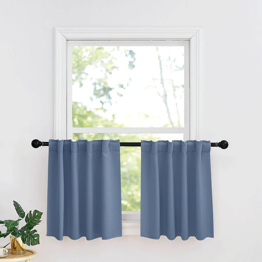 RYB HOME Kitchen Window Curtains - Blackout Privacy Half Window Curtains for Bedroom Bathroom Dining Living Room Cafe Office Short Tiers Drapes, W 34 x L 36 inches, 2 Panels, Stone Blue