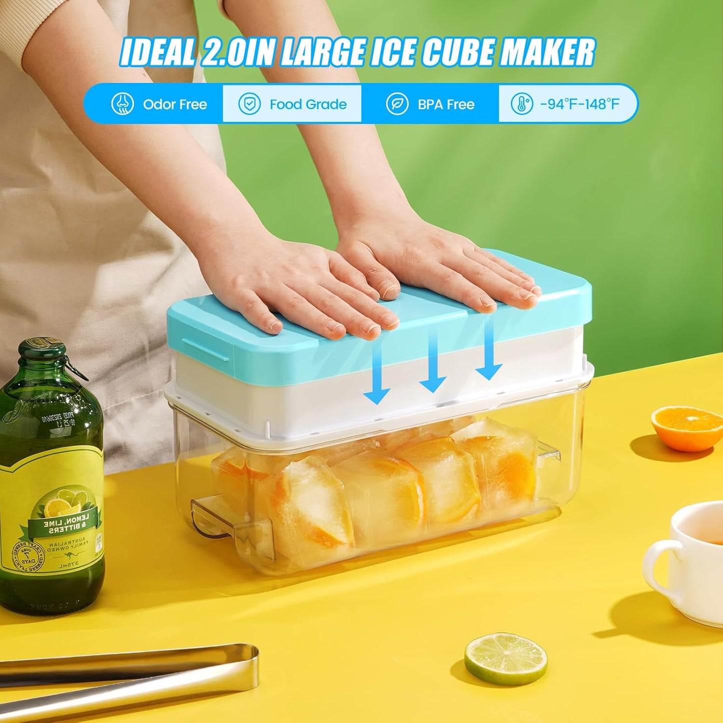 PHINOX Large Ice Cube Tray with Lid and Bin, Ice Trays for Freezer, 2 INCH Whiskey Ice Cubes Mold, 2*8 pcs Square Ice Cube Mold with Tong, Easy to Release, Large Ice Tray for Whiskey Cocktail Bourbon