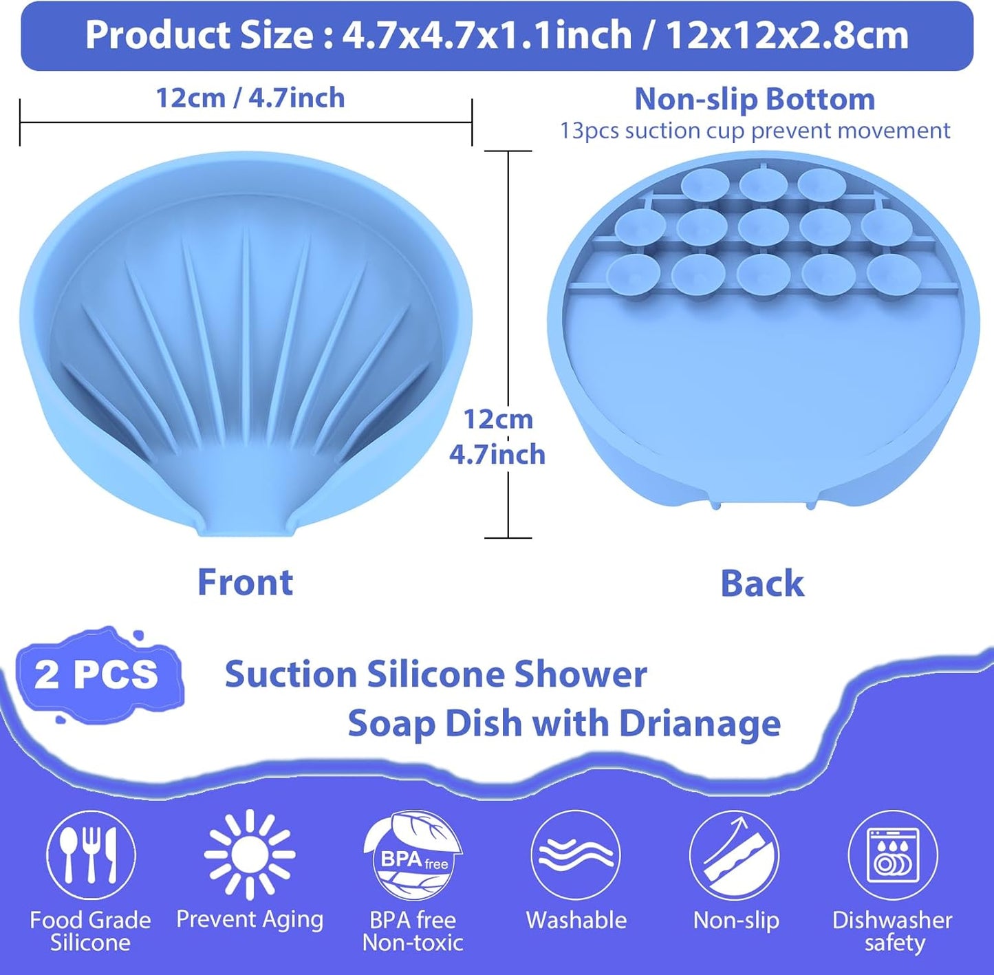 Self Draining Soap Dish, Silicone Suction Cup Soap Holder Tray Savers Container Sponge Holder for Bar Bathroom Shower Kitchen Sink, Can Extend Soap Life (2, Sky)