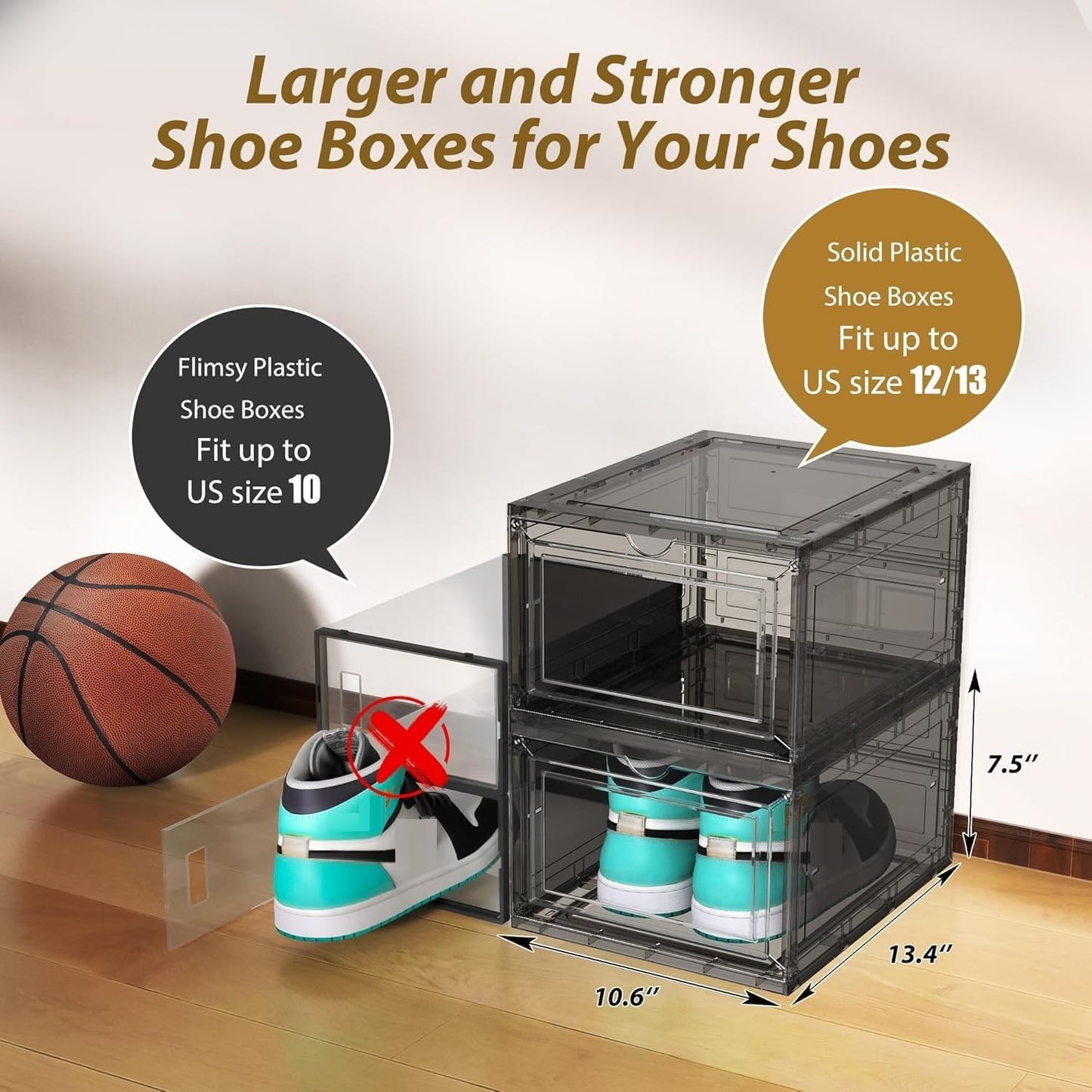 Mitees 10 Pack XX Large Thicken Sturdy Hard Plastic Clear Stackable Shoe Storage Boxes for Size 12, Sneaker Shoe Rack Containers Holders Bins Display Case Organizer for Closet, Grey02