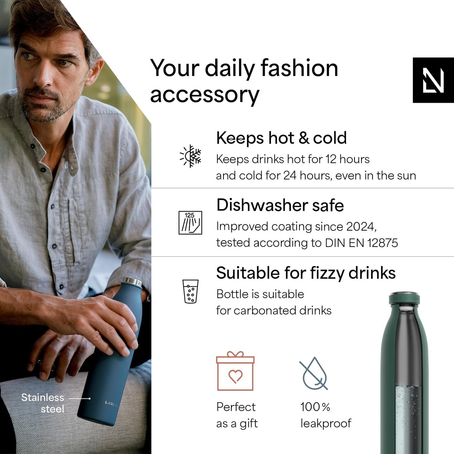 LARS NYSØM Stainless Steel Insulated Water Bottle 12oz 17oz 25oz 34oz 51oz | Insulated Thermo Flask for Hot and Cold Beverages | Leakproof Drinking Bottle (Pine Green, 33.9oz)