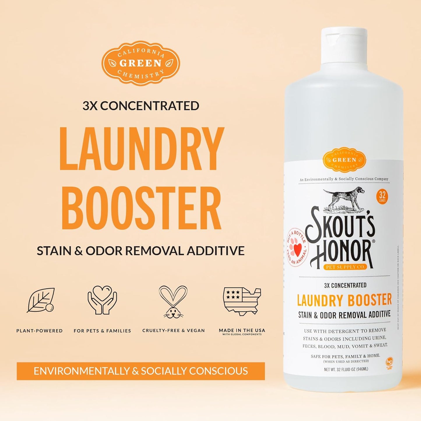 Skout's Honor Laundry Booster Stain & Odor Removal Additive - Plant-Powered Formula for Pet Bedding, Clothing, and Washable Pee Pads - Eco-Friendly & Cruelty-Free, 32 oz - 3 Pack