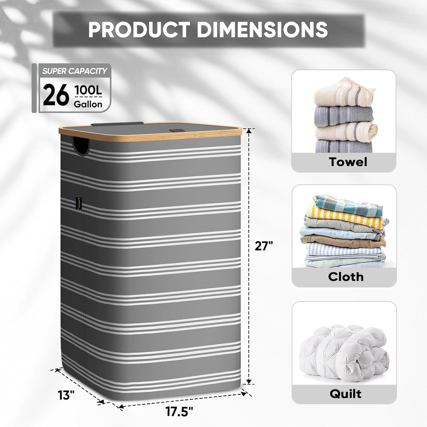 BALEINE Laundry Hamper with Lid, Tall Laundry Baskets with Bamboo Pull Handles, Large Laundry Bin with Internal Support (26 Gal/100L, Grey Pinstripe)