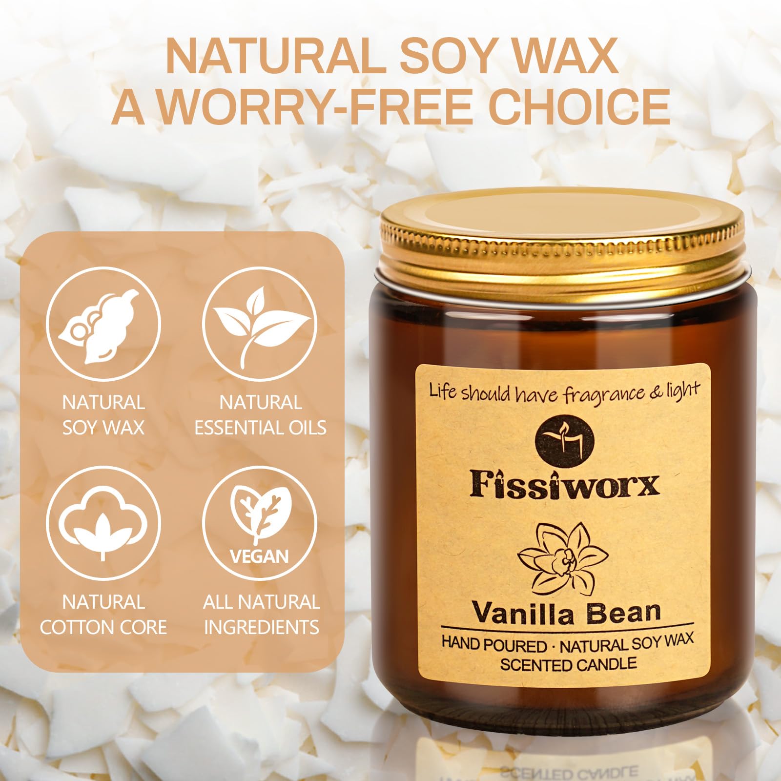 Fissiworx Vanilla Scented Candle Set 2 Pack, Candle for Home Scented, Odor Eliminating, Stress