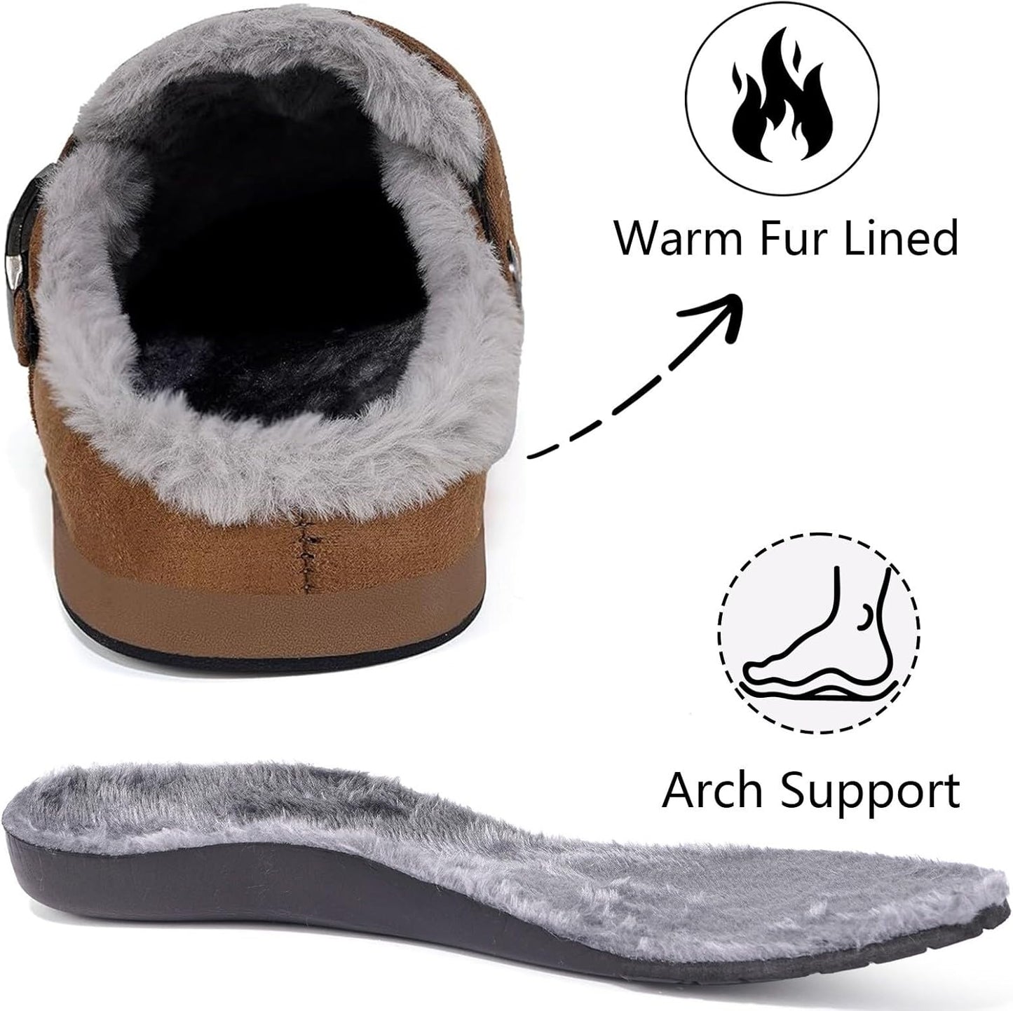 Fur Lined Clogs for Women Men Suede Winter Slippers Arch Support Slip on Mules Potato Shoes with Removable Cushion Footbed Warm Home House Shoes