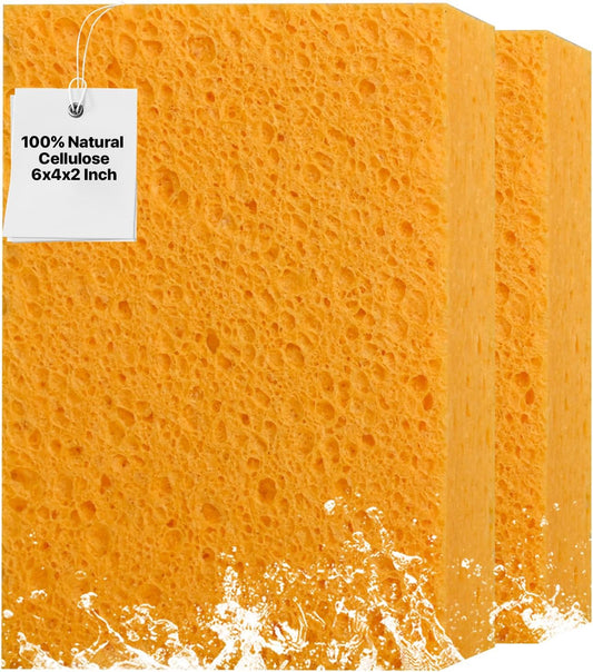 2 PCS Large Natural Cellulose Sponges 6x4x2 Inch - Super Absorbent and Biodegradable, Perfect for Home & Kitchen Cleaning, Boat Bail, Car Washing