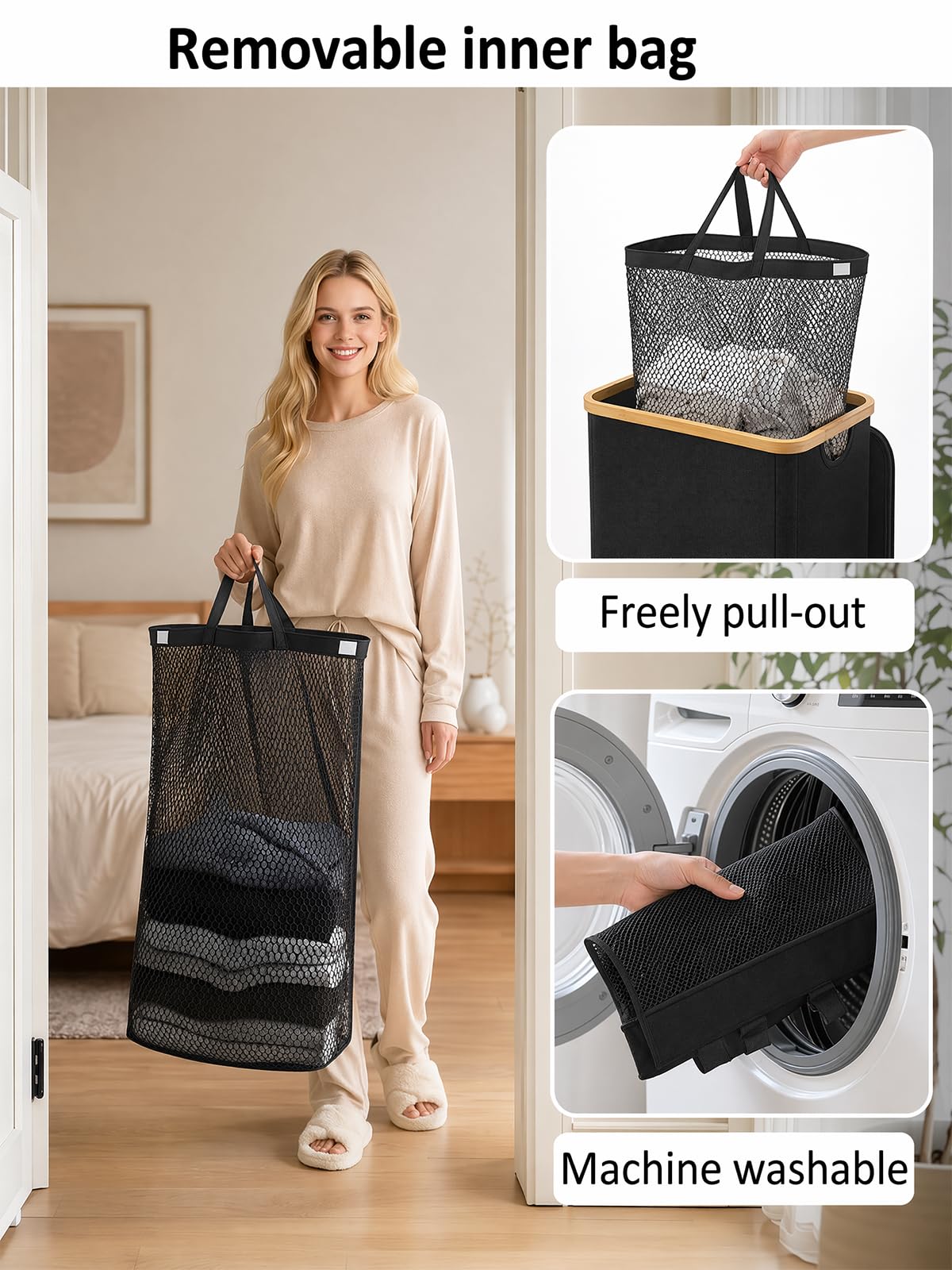 IEGrow Laundry Hamper with Lid,110L Laundry Basket with Mesh Bags,Black