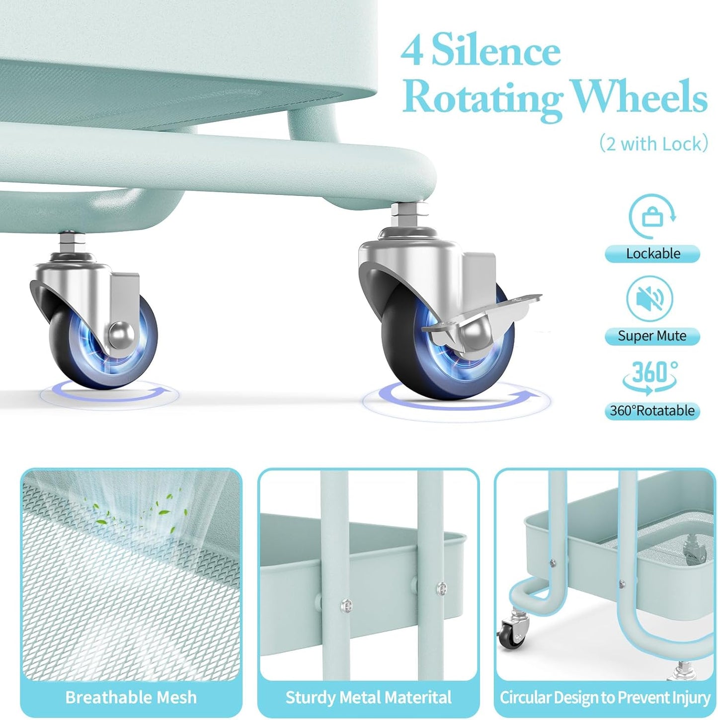 KINGRACK 3 Tier Rolling Cart, Metal Mobile Storage Shelf with Lockable Wheels, Prevent Falling Utility Trolley Cart, Storage Organizer for Kitchen, Office, Bathroom, Dorm, Green