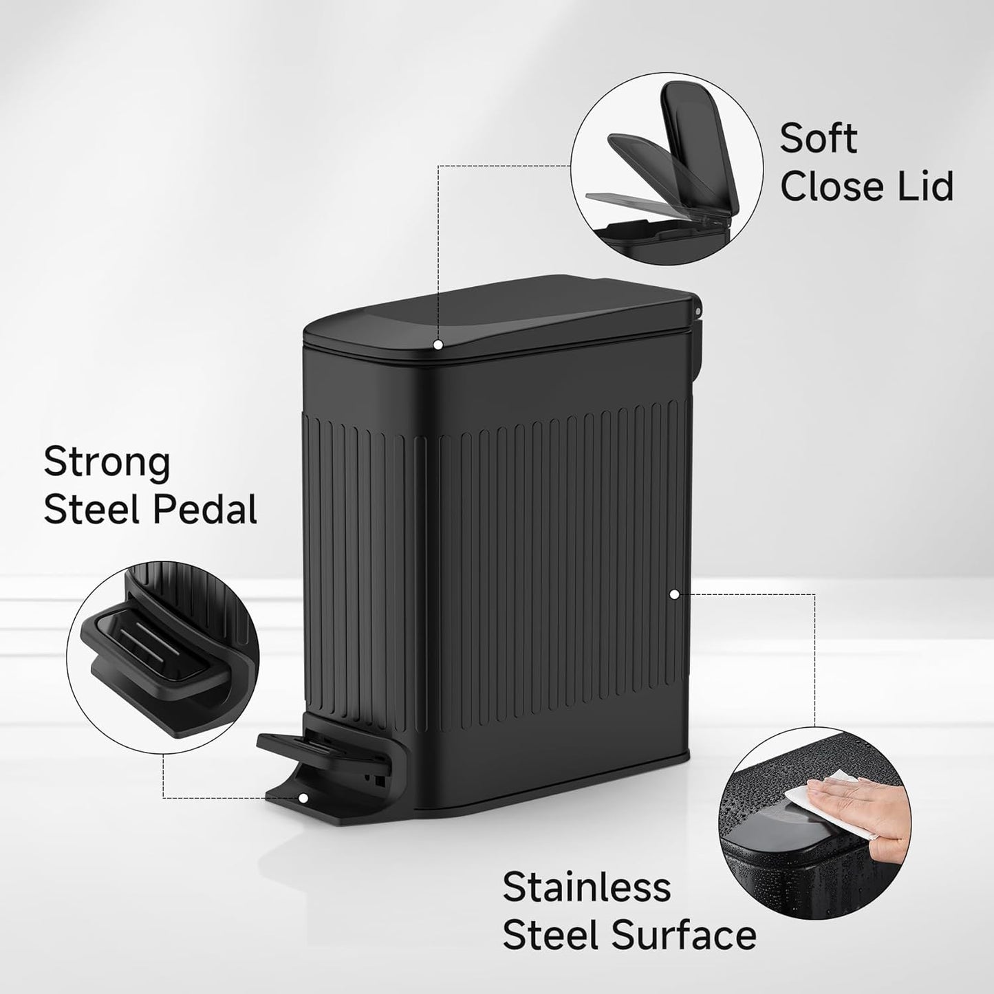 TIPGO Slim Bathroom Trash Can with Lid Soft Close, Step Pedal, 6 Liter / 1.6 Gallon Stainless Steel Trash Bin, Small Garbage Cans for Bedroom, Office, Kitchen (Black)