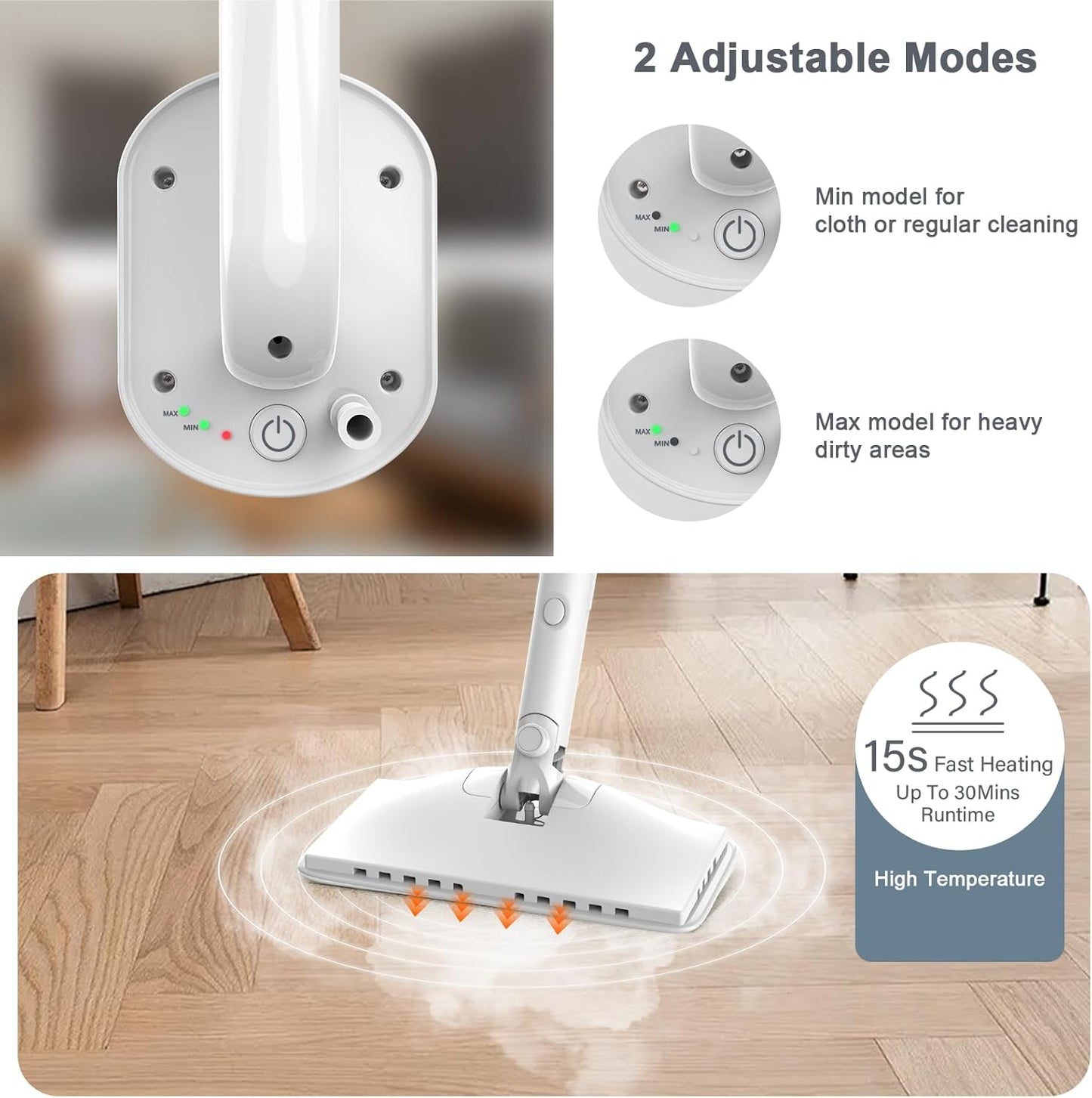 Steam Cleaner, 6 in1 Rotated Steam Mop Cleaner with 2 Modes, 2 Microfiber Pads, 400ML Removable Tank, 23FT Power Cable, Detachable Steam Mops for Floor, Laminate Floor, Tiles Cleaning (White)