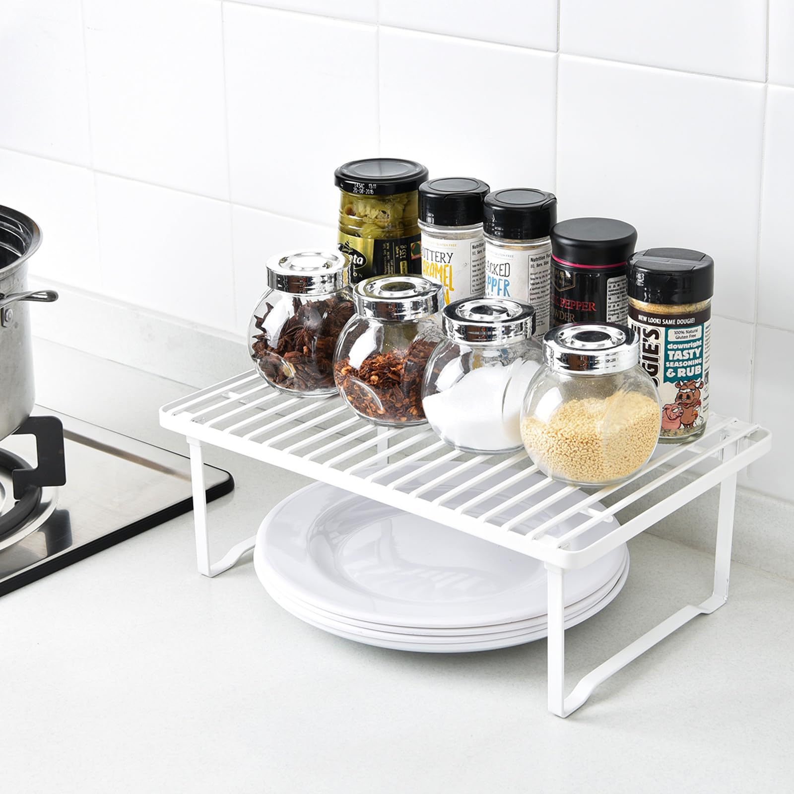 Amazon Basics Space-Saving Stackable Metal Kitchen Cabinet Organizer Shelves for Dishes, Pantry