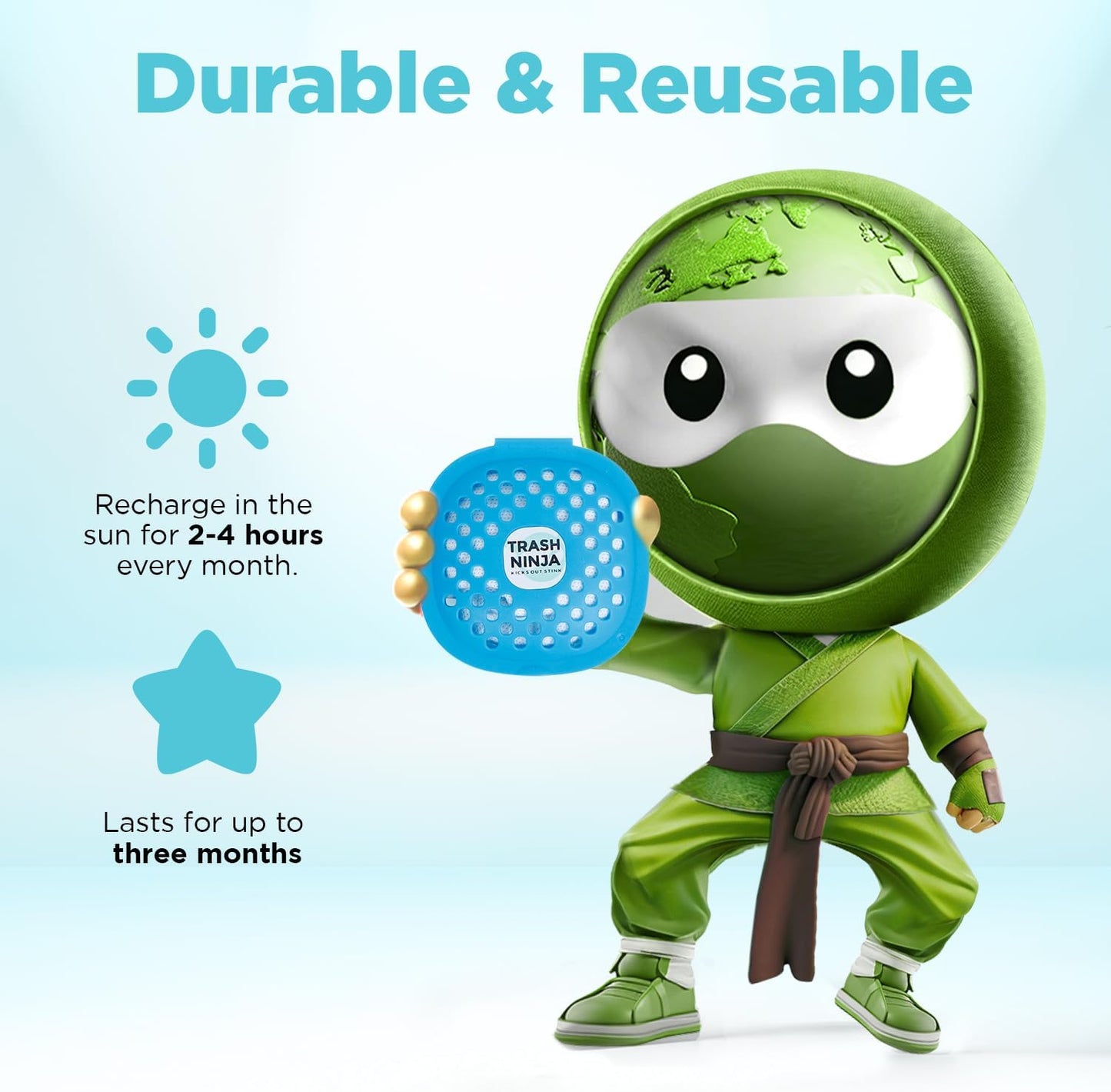 Trash Ninja Trash Can Deodorizer – Stick-On Air Freshener with Activated Charcoal and Fresh Ocean Scent for Kitchen, Bathroom, Fridge, Dumpster, and Trash Compactor Smell Removal