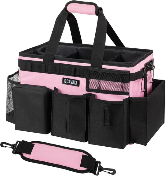 Wearable Cleaning Caddy Bag, Cleaning Caddy Supplies Organizer with Handle & Shoulder Straps for Housekeepers, Under Sink & Car Cleaning Tool Organizers with 4 Foldable Divider (SweetPink)