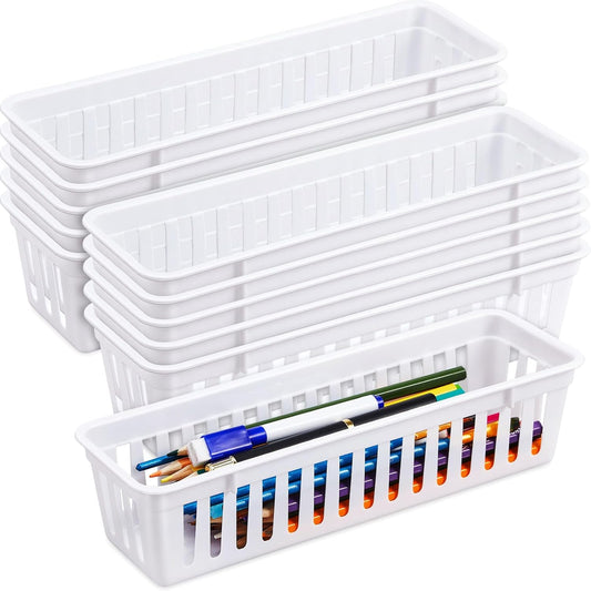 Domensi 12 Pack Slim Plastic Storage Baskets Tray for Organizing 10.25 x 3.25 x 2.5 Inch Small Narrow Storage Bins Stackable Drawer Pencil Trays Holder for Desk Garage Cabinet Containers(White)