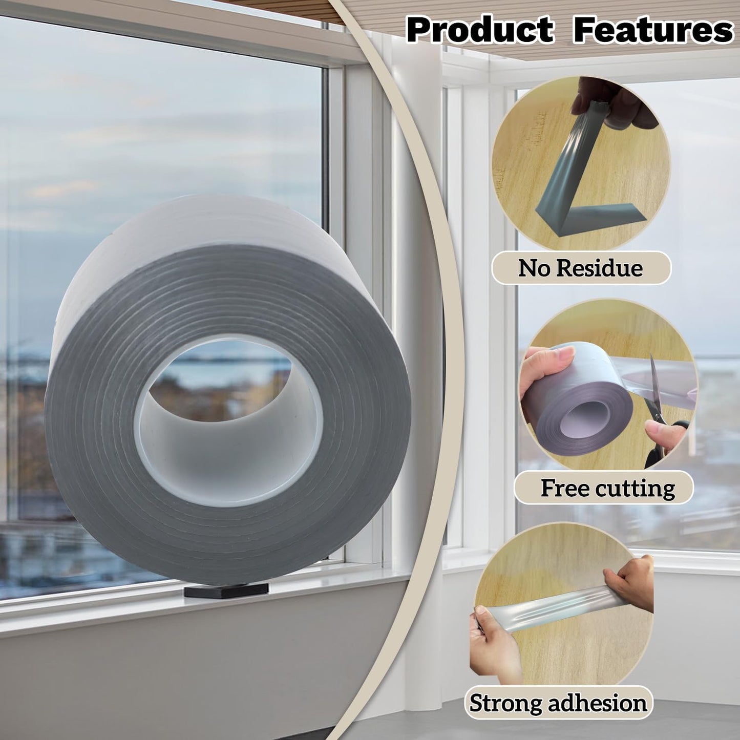 Window Insulation for Winter Weather Sealing Tape 2 Inch x 50 Yards Weather Stripping Residue Free Draft Isolation Sealing Film Tape for Shower Glass Gaps and Doors Windows Gray
