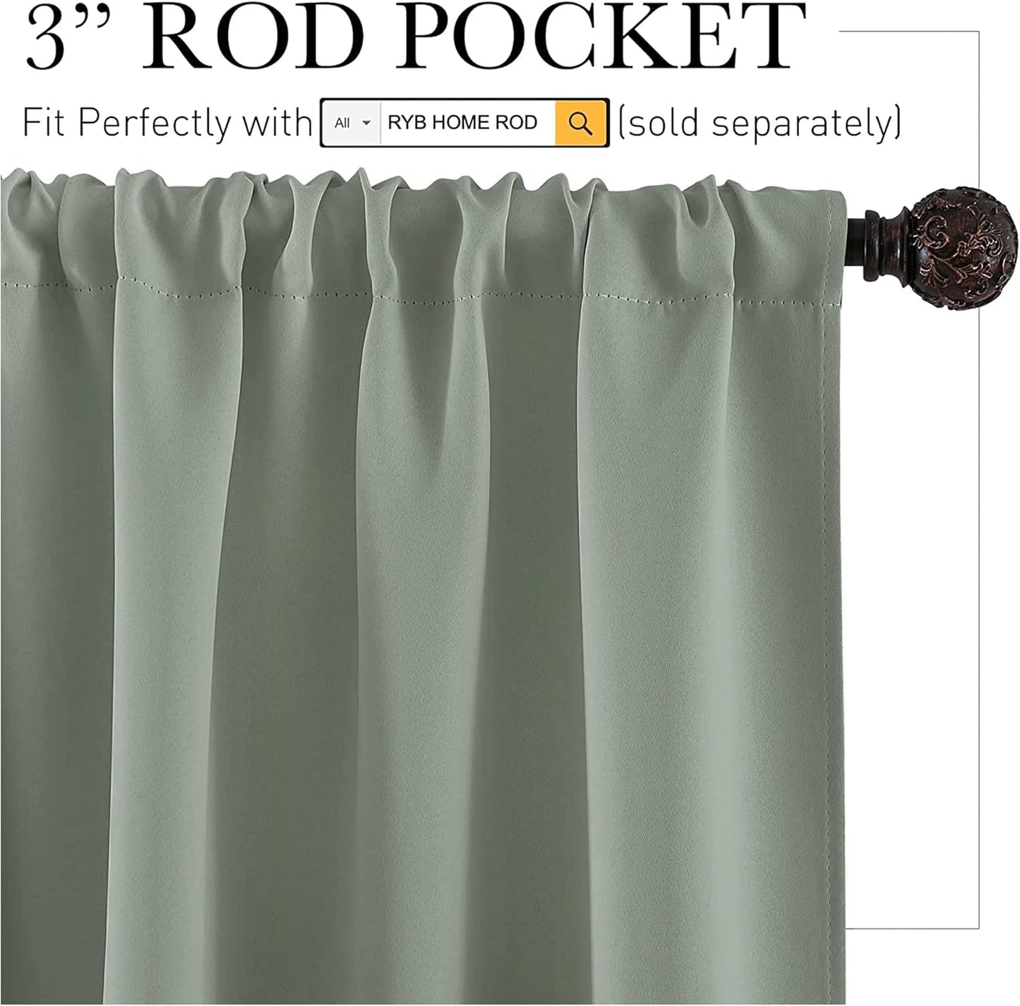 RYB HOME Living Room Curtains Blackout - Light Block Energy Efficiency Small Window Treatment Drapes for Kitchen Dining Baby Nursery Farmhouse Decor, W 42 x L 72 inch, Sea Green, 2 Panels