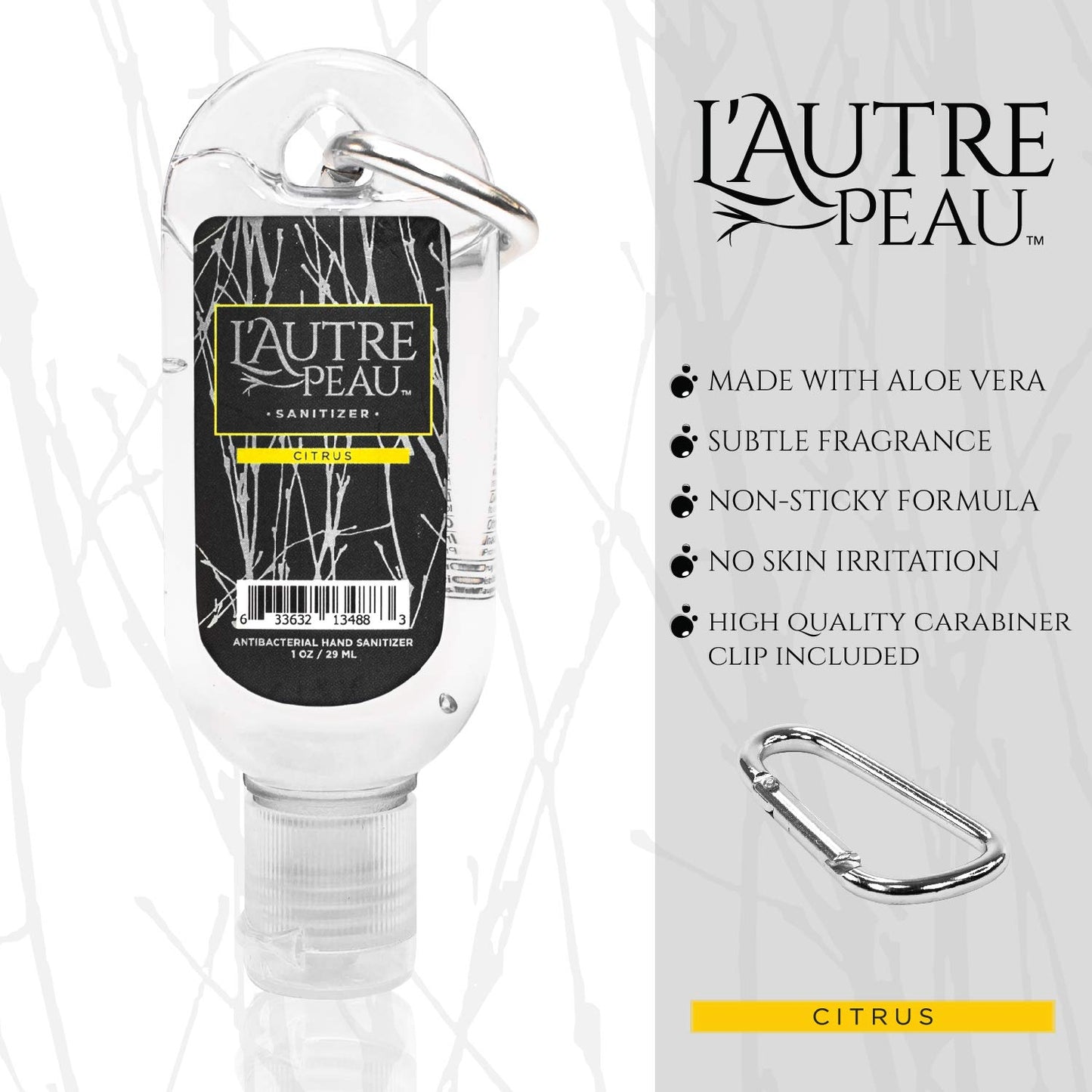 Travel Hand Sanitizer Gel with Aloe Vera & Vitamin E Made by L’AUTRE PEAU - Citrus Scented Alcohol Based Liquid Instant Hand Cleaner Pocket Sanitizer with Carabiner Clip (1oz 3 Pack)
