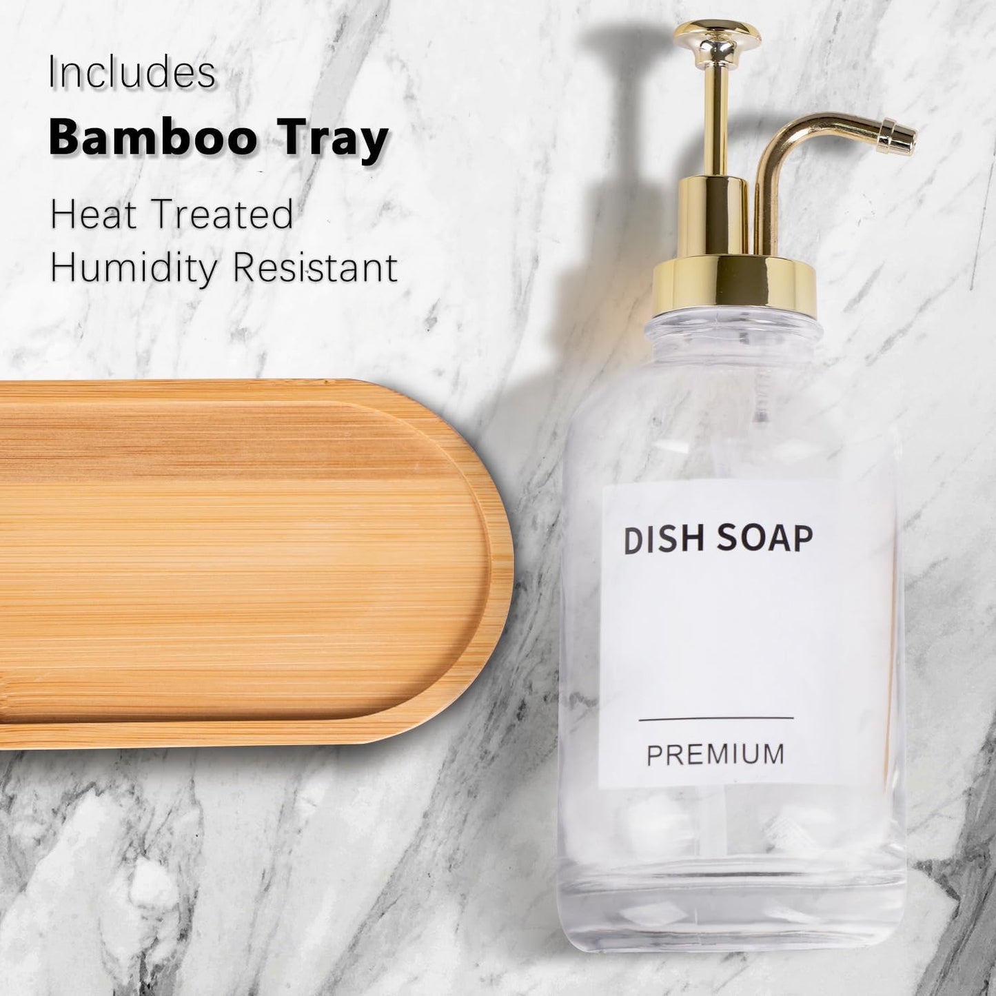 Dish Soap Dispenser for Kitchen, Hand Glass Soap Dispenser Set with Pump, Tray, Funnel for Bathroom, Shower, Laundry, Liquid, Lotion (Gold 2 Pack 18 Oz Clear Bottles with 12 Stickers)