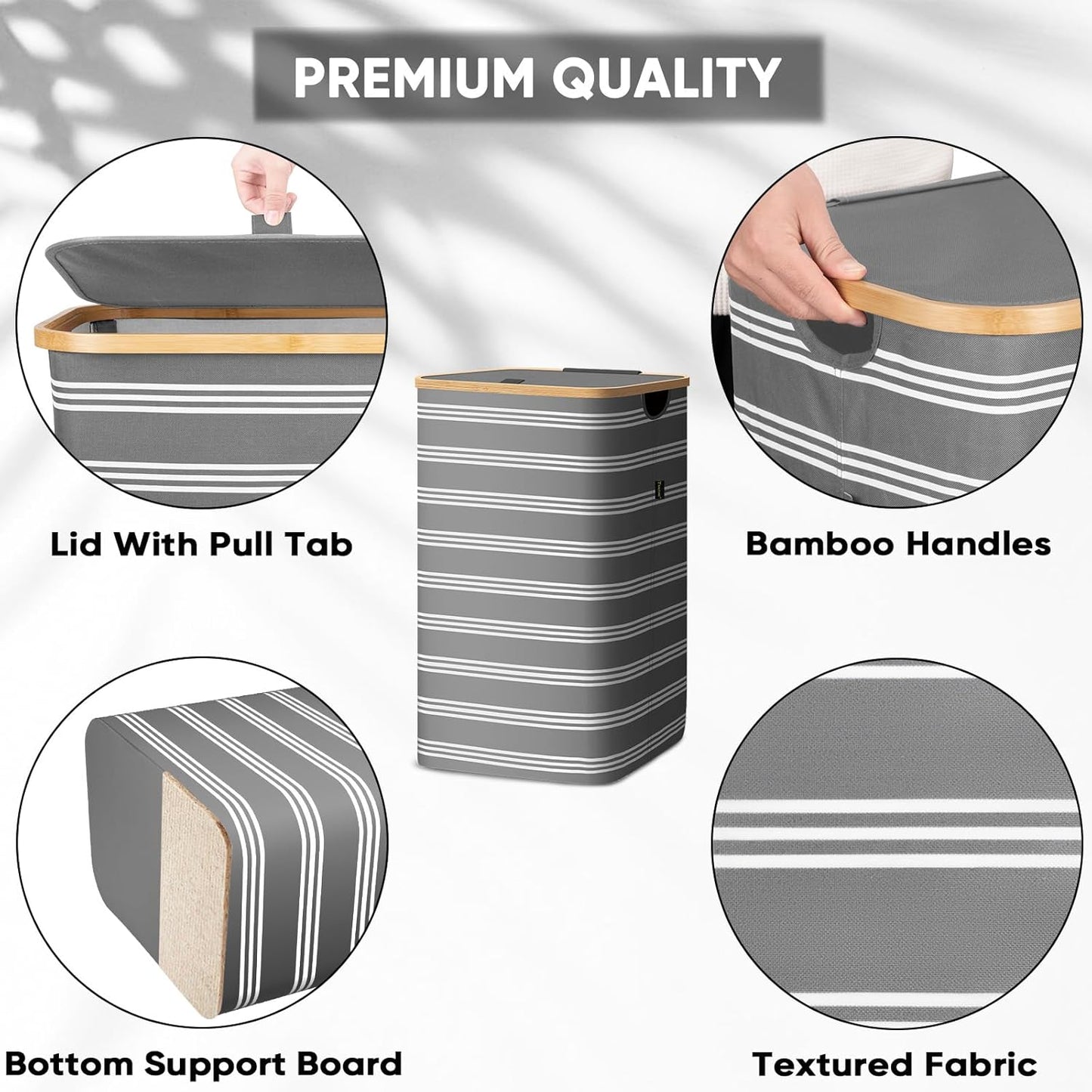BALEINE Laundry Hamper with Lid, Tall Laundry Baskets with Bamboo Pull Handles, Large Laundry Bin with Internal Support (26 Gal/100L, Grey Pinstripe)