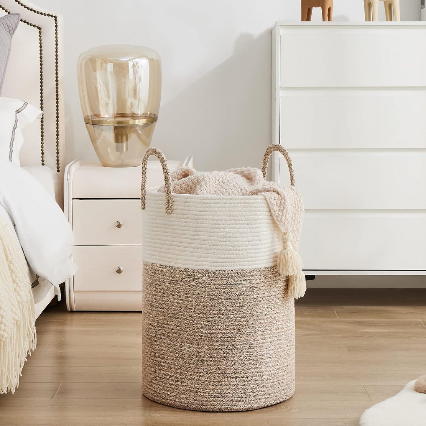 YOUDENOVA Woven Rope Laundry Hamper Basket, 72L Tall Luandry Basket, Baby Nursery Hamper for Blanket Storage in Bedroom-Large-Brown