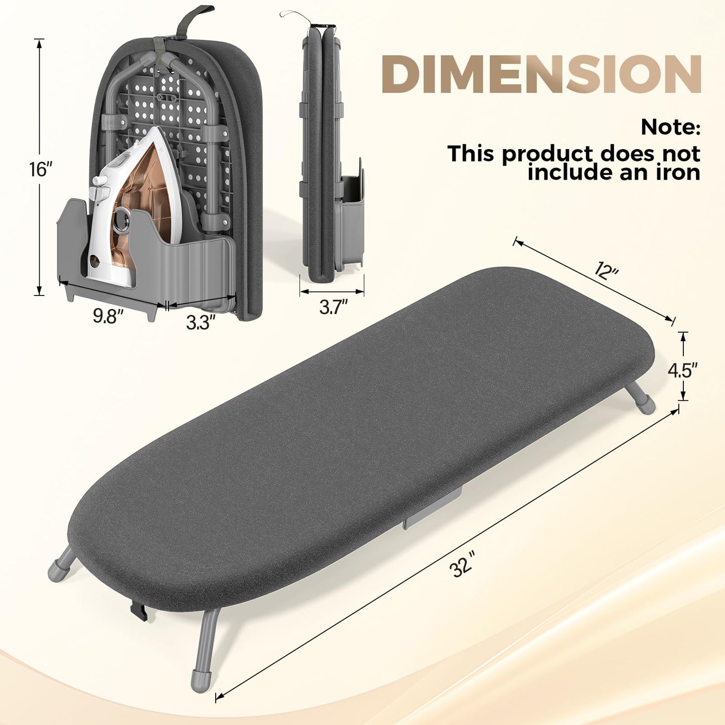 KINGBOARD Tabletop Ironing Board with Iron Holder, Thicken Pad 12x32 Black