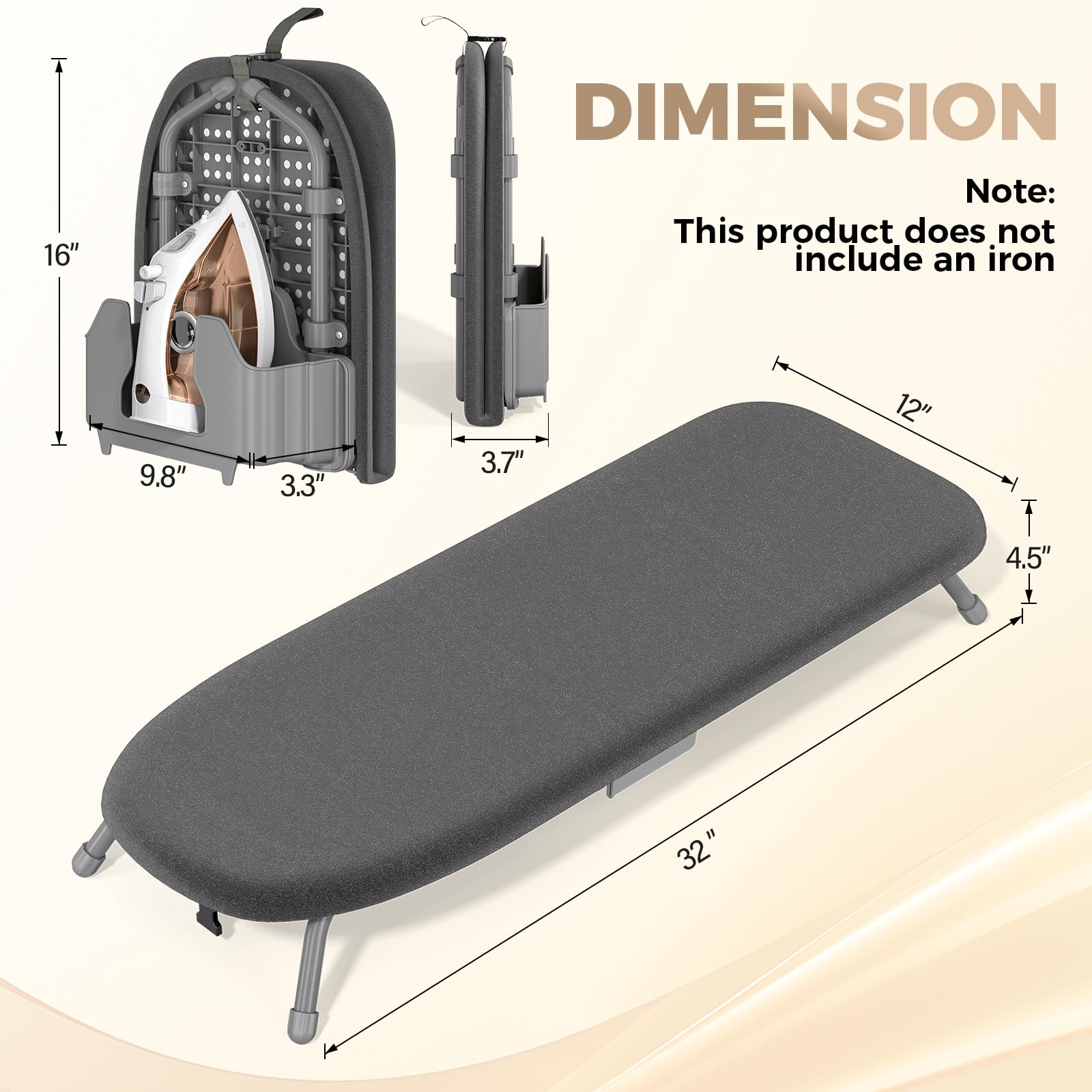 KINGBOARD Tabletop Ironing Board with Iron Holder, Thicken Pad 12x32 Black