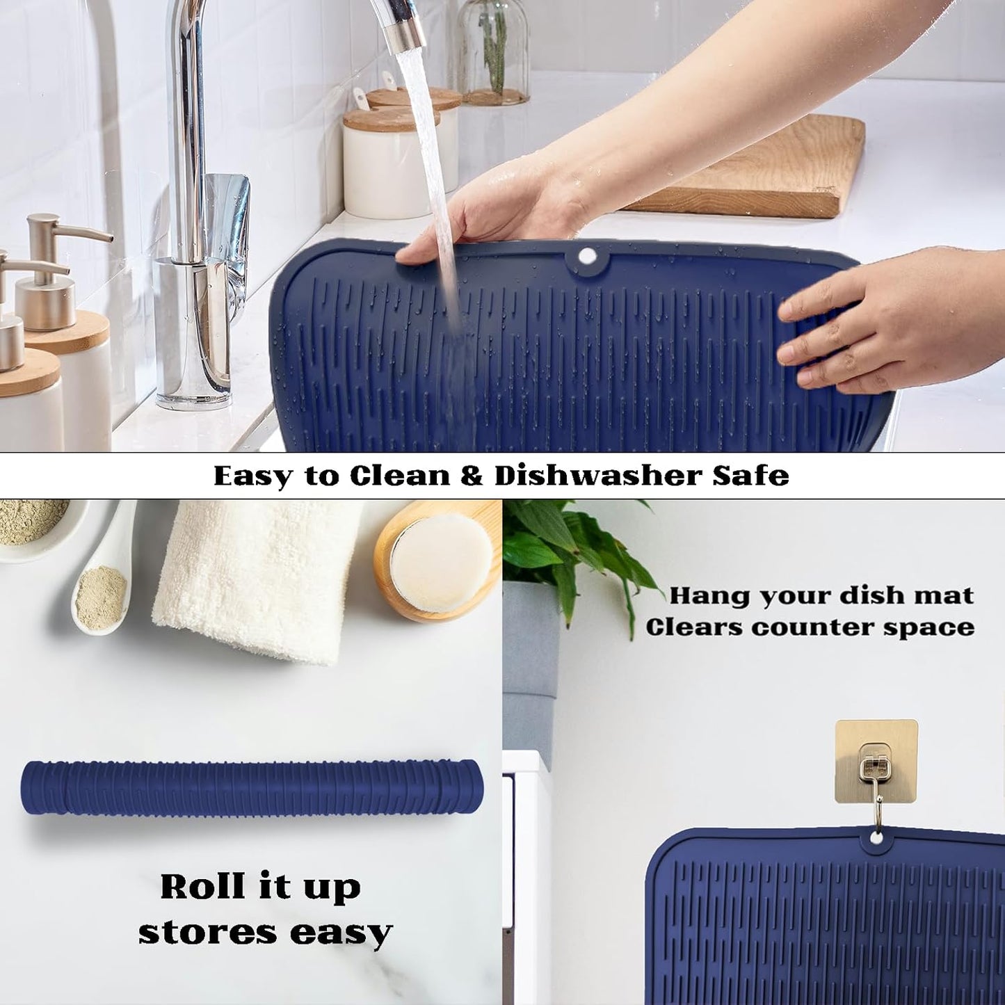 ZLR Silicone Dish Drying Mat for Kitchen Counter, Eco-Friendly Fast Dry Dish Mat, Easy Clean Multi Usage Drying Matt, Heat Resistant Trivet, 16" x 18" XL, Midnight Blue