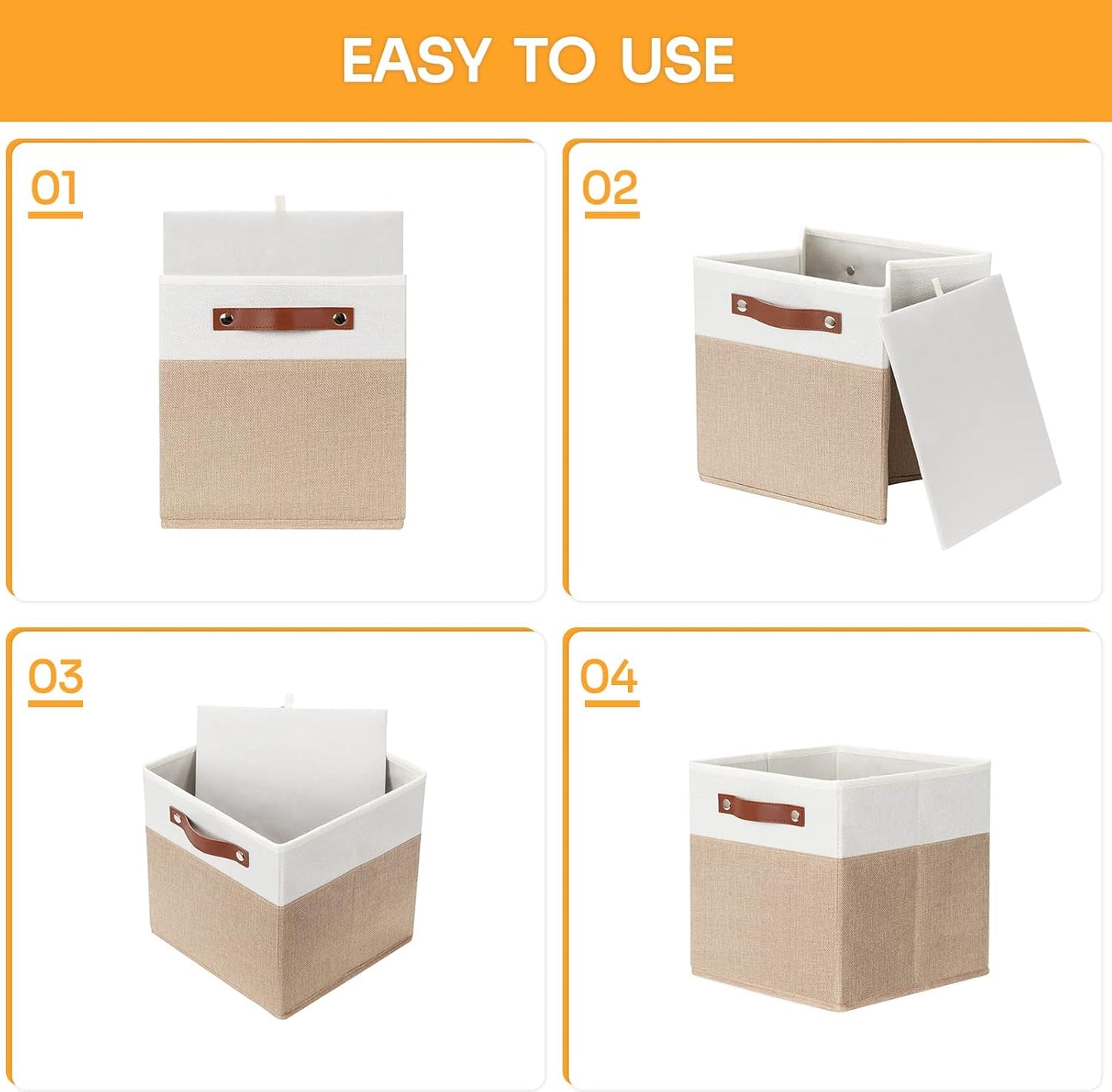 DULLEMELO 11 inch Cube Storage Bins,Fabric Storage Cubes for Organizing,Collapsible Foldable Linen Canvas Closet Storage Bins for Shelves Closet Bedroom Toys Home Office(White&Khaki)