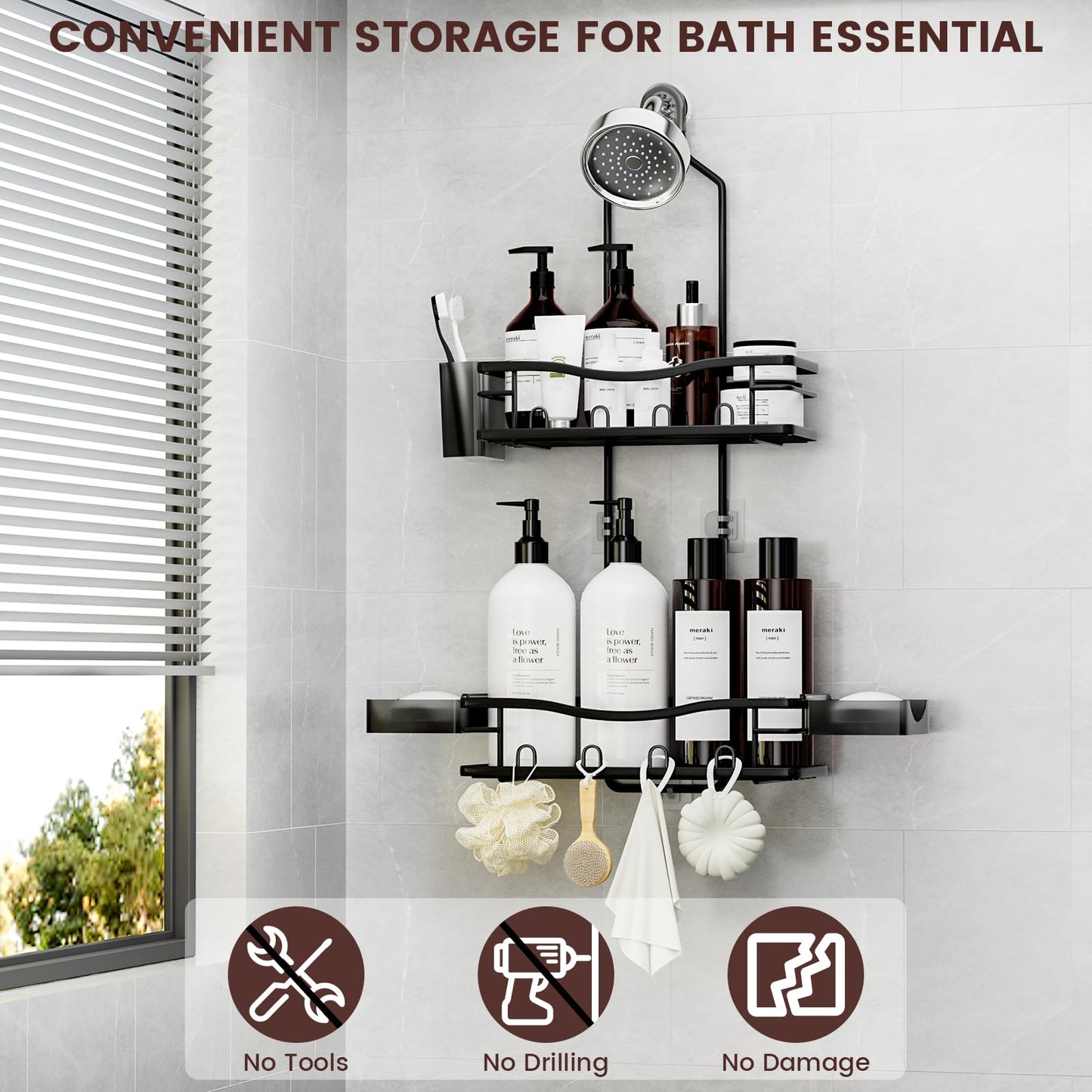Rustproof Shower Caddy Hanging with Soap Holders for Bathroom, Black