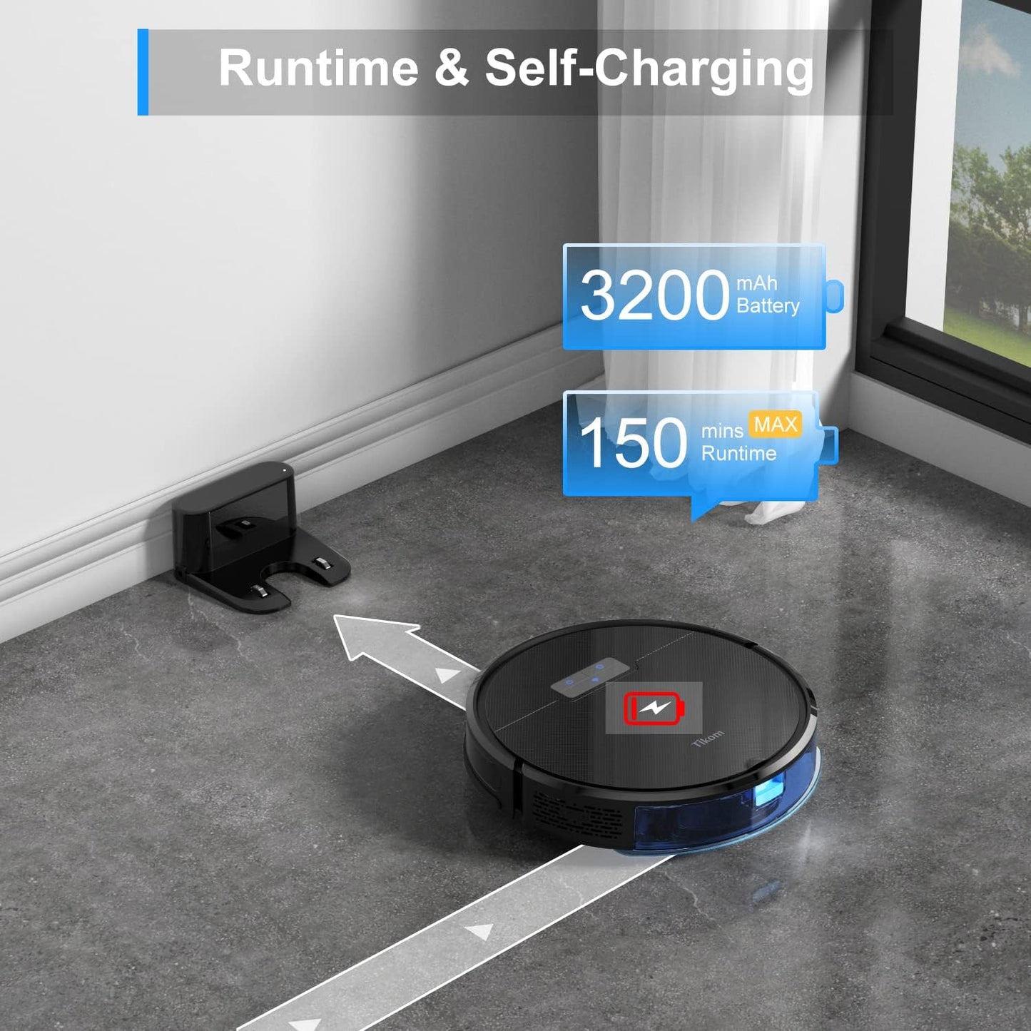 Tikom G8000 Pro Robot Vacuum and Mop Combo, 4500Pa Suction, 150Mins Max, Robotic Vacuum Cleaner with Self-Charging, Quiet, APP&Voice Control, Good for Carpet, Hard Floor, Black