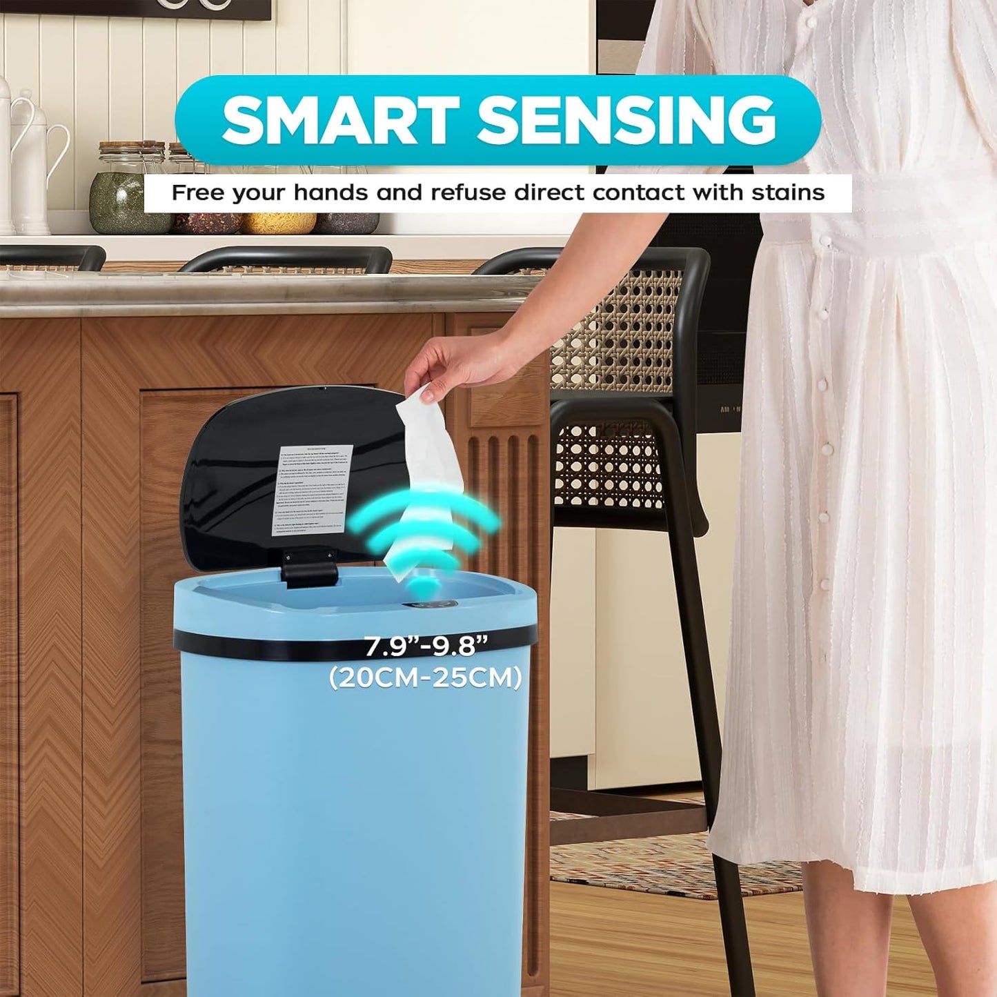 Automatic Motion Sensor Bathroom Trash Can with Lid, 13 Gallon Touchless Trash Bin, Smart Dog Proof Garbage Can, Touch Free Waste Basket for Toilet, Office, Bedroom,Blue,2