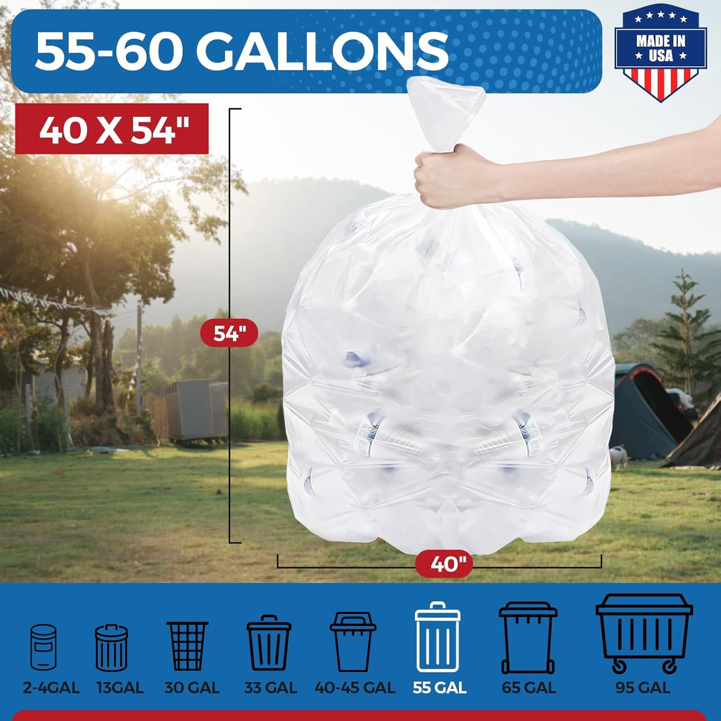 Fuxury 55-60 Gallon Heavy Duty Trash Bags, 100 Count Clear Garbage Bags, 23 Mic Thick, 38x58 in, Star-Seal Bottom, Plastic Bags Ideal for Home, Yard & Commercial Use, Made in USA