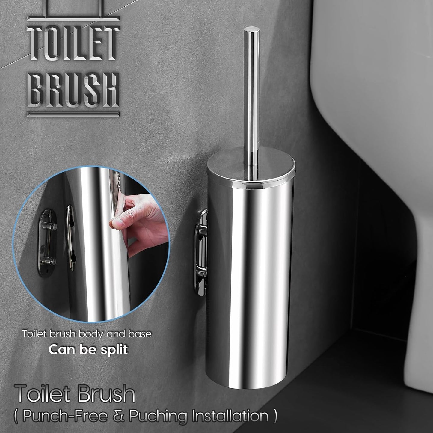Toilet Brush and Brush Holder, Stainless Steel No-Punch Hook Base Dual Purpose Toilet Brush Holder with Removable Inner Bucket and Splash Cover - Soft Bristles (Chrome)