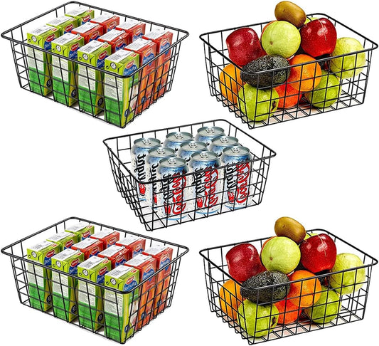 5 Pack Wire Storage Baskets, Premium Pantry Baskets for Storage, Metal Freezer Storage Organizer Baskets Bins with Handles for Kitchen Cabinets, Pantry, Bathroom (Black, Small)