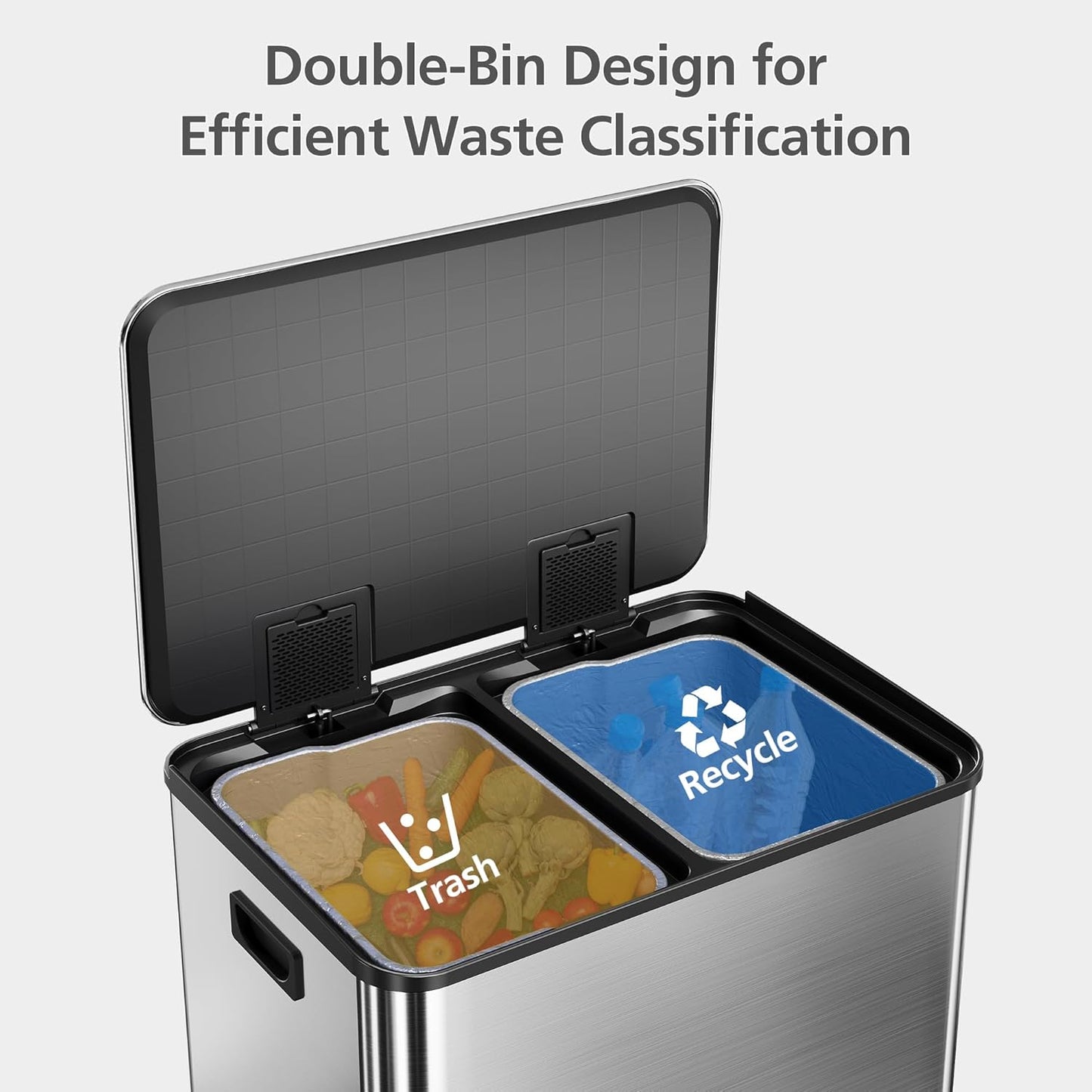 GarveeHome 60L/16 Gal Kitchen Trash Can,2×8 Gal Pedal Trash Bin with Removable Baskets,Stainless Steel Garbage Can for Kitchen Office Restaurant School Hospital