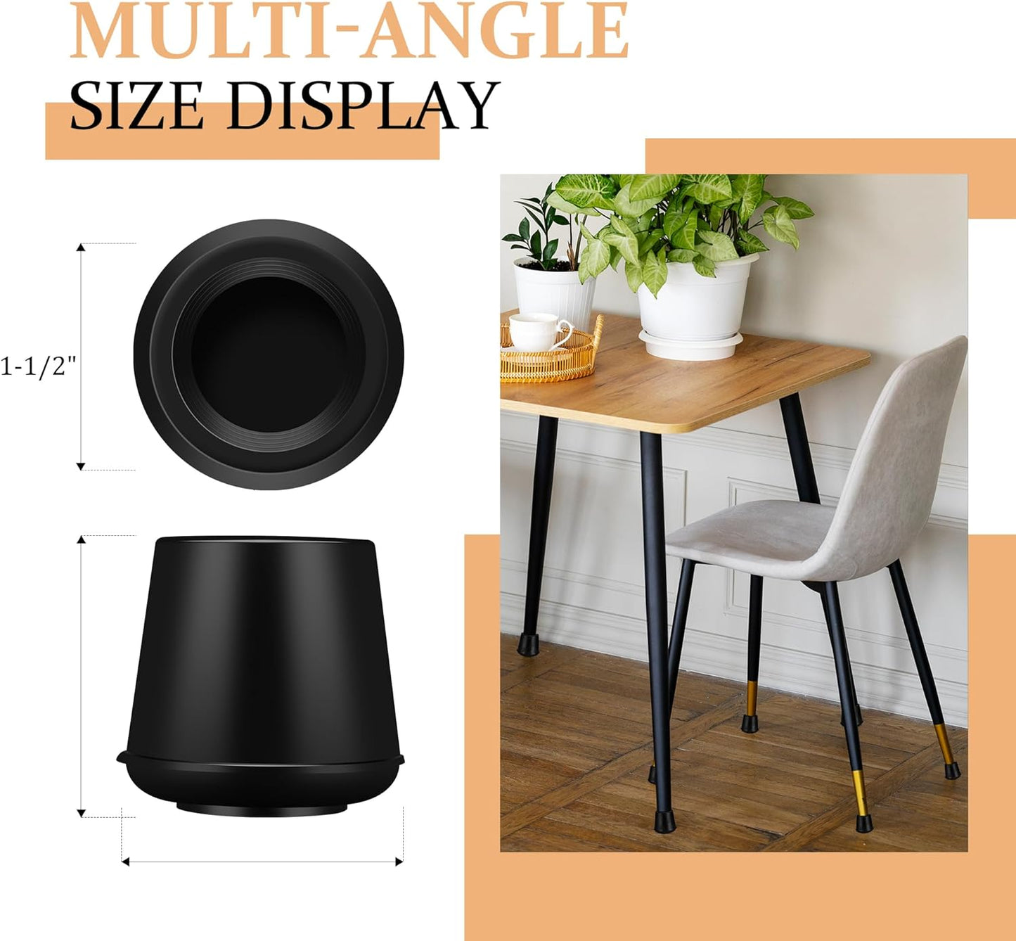 1-1/2” Round Rubber Chair Leg Tips Caps, Chair Leg Floor Protectors Furniture Legs Caps Non Slip Reduce Noise for Hardwood Floors (Black, 4 Pack, Fit :38-39mm)