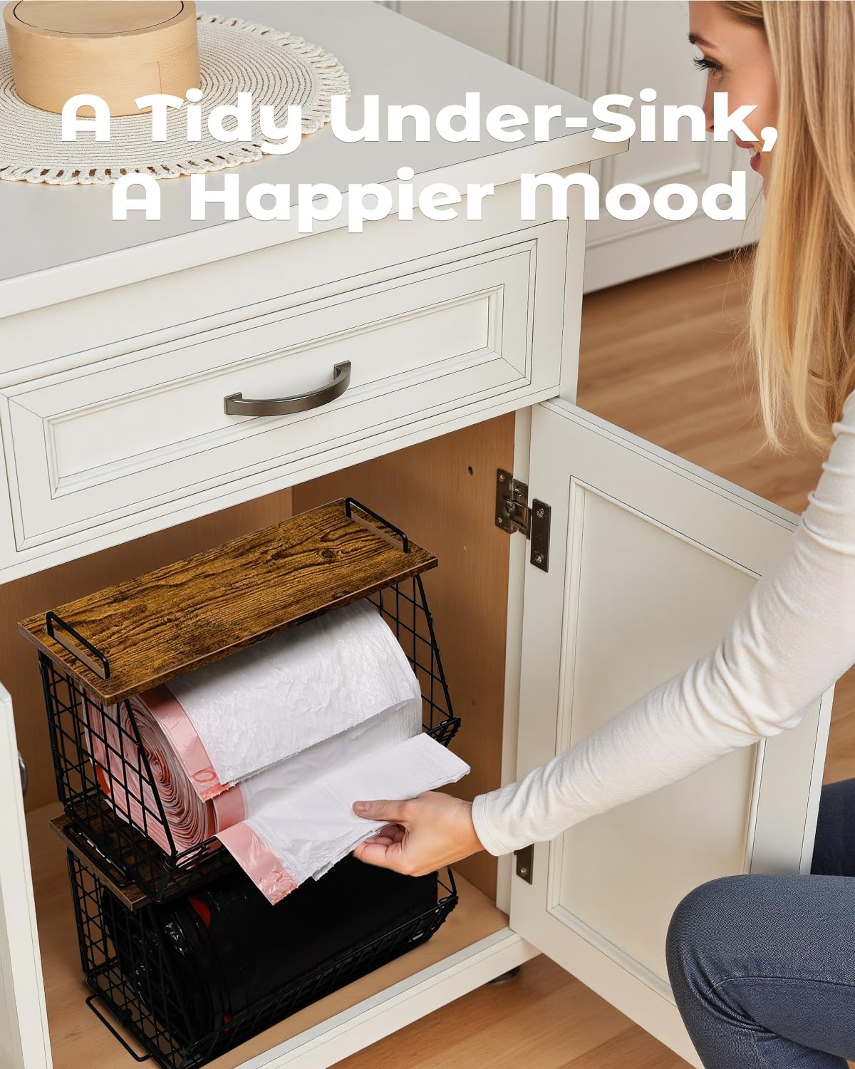 2 Pack Stackable Extra Large Trash Bag Holder Under Sink, Wall Mounted Garbage Bag Dispenser Roll Holder for 13/33 Gallon Trash Bags, Kitchen/Pantry/Laundry Room Organization Basket Storage Bin