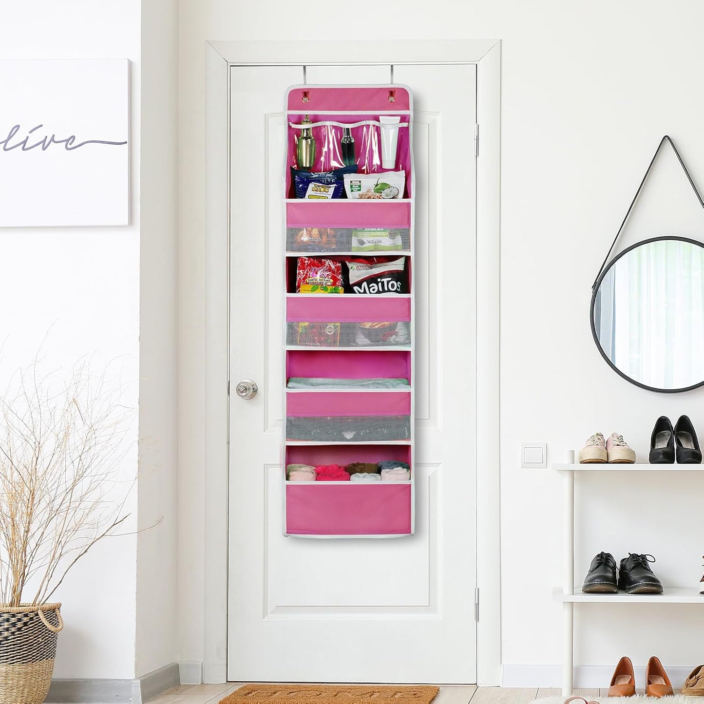 Univivi 5-Shelf Fabric Door Storage Over Door Hanging Organizer with 4 Large Pockets and 3 Small PVC Pockets Nursery Closet Cabinet Wall Mount Hanging Storage Organizers for Baby Nursery (Pink)