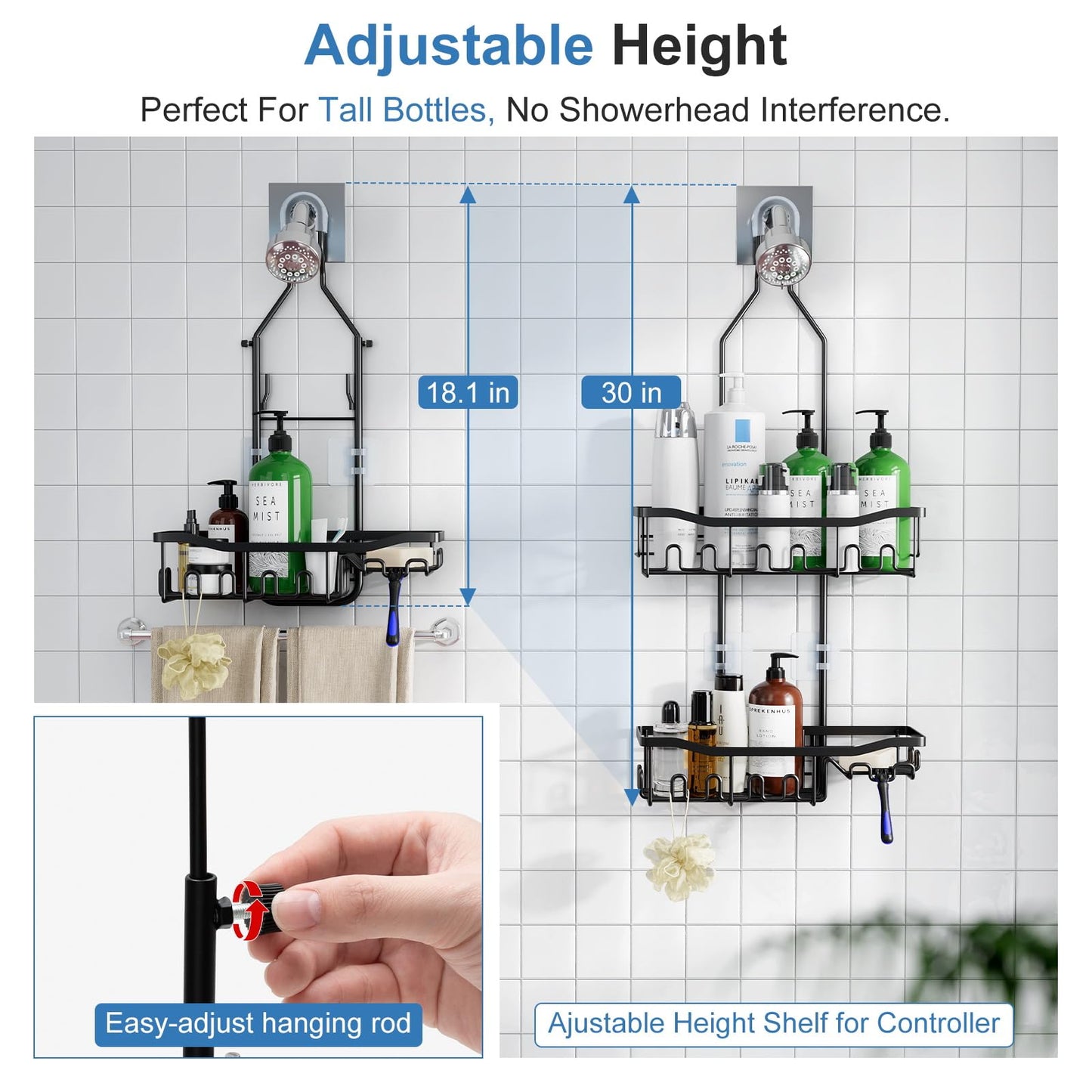 Joqixon Upgraded Extended Length Shower Organizer with Hooks, Rustproof Shampoo Soap Holder, Large