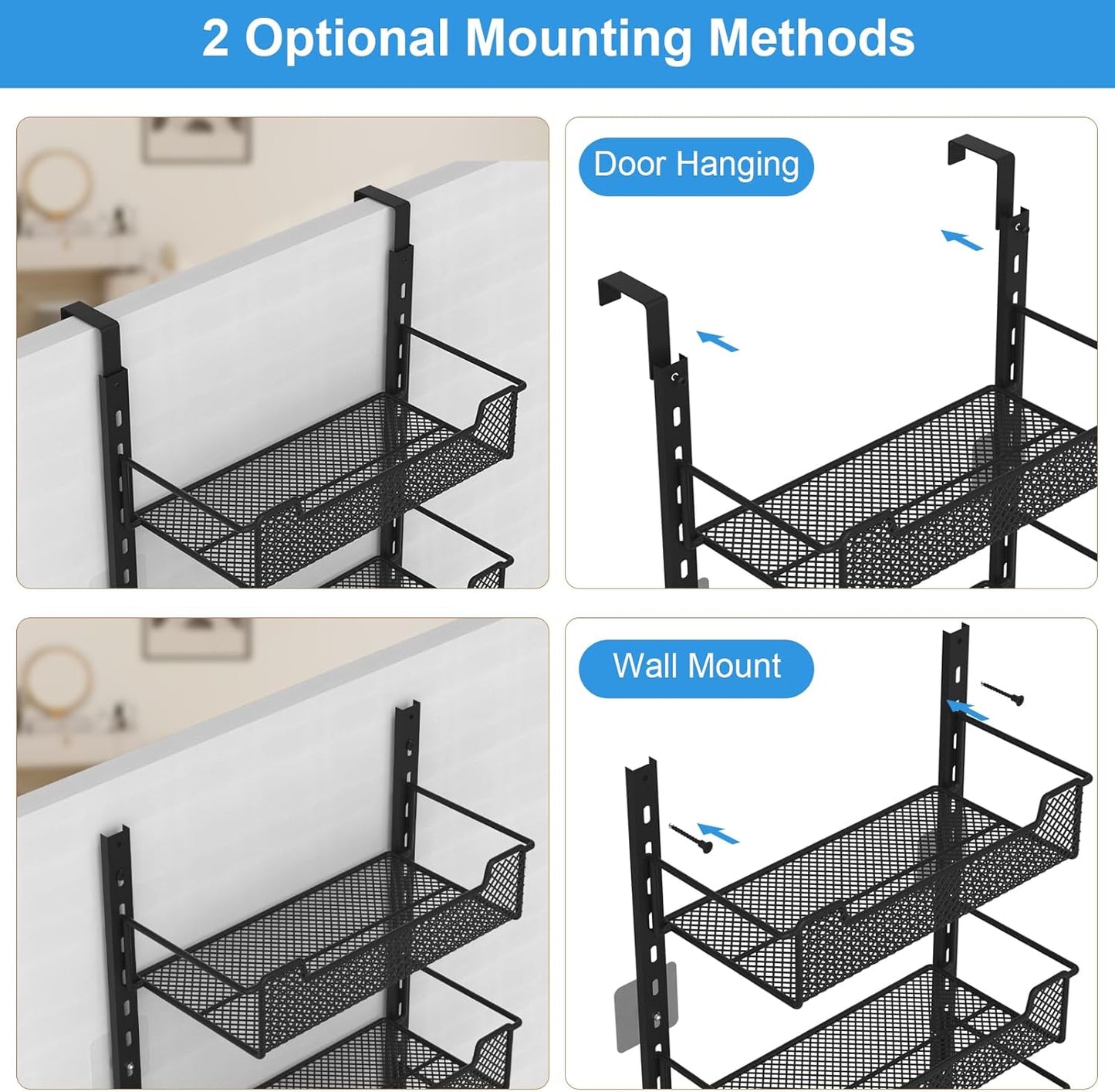12.3" W Narrow Over the Door Pantry Organizer, 8-Tier Over the Door Organizer with Adjustable Basket, Pantry Door Organization for Pantry Kitchen Storage Room Spice Rack, Black