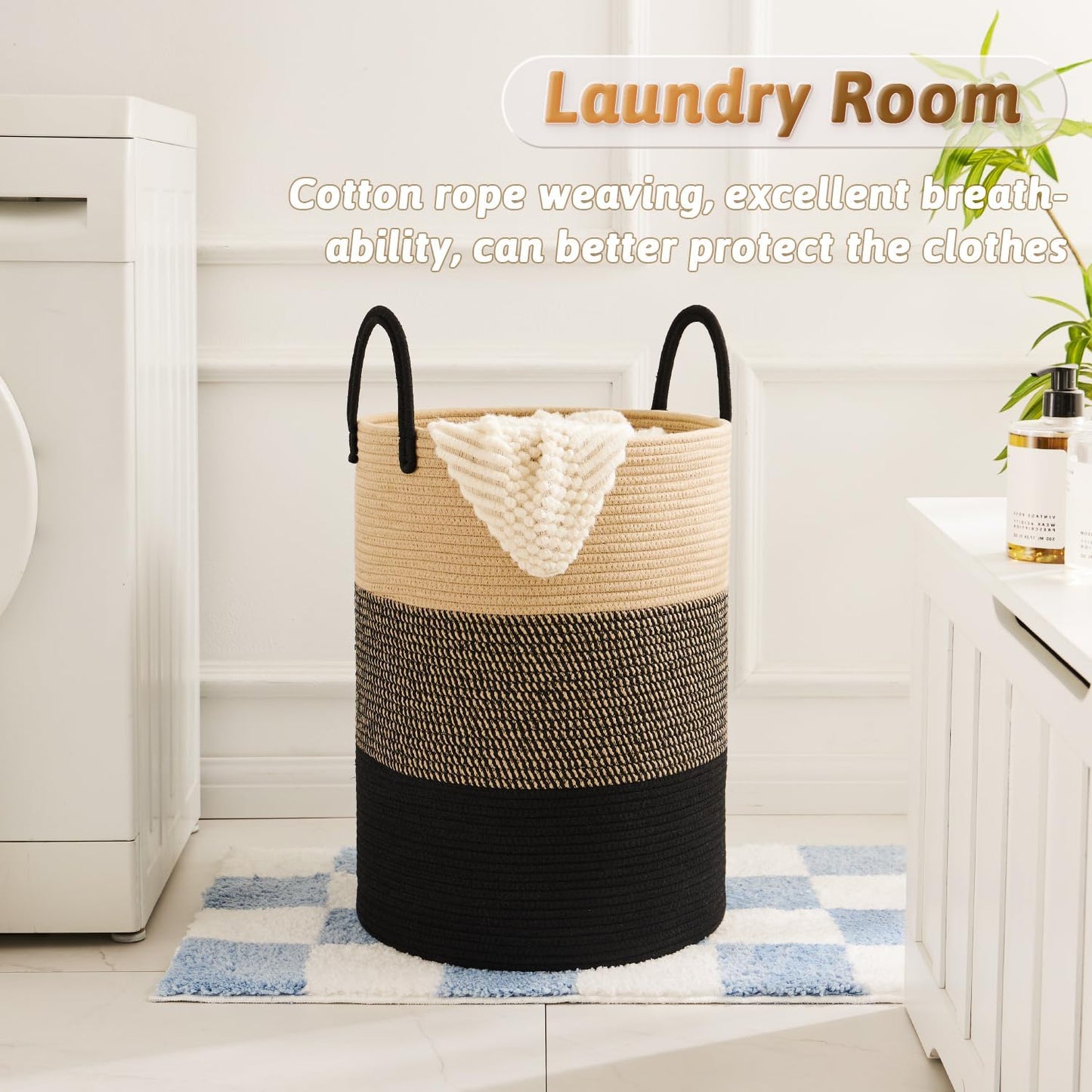 Laundry Basket,Woven Cotton Rope Laundry Hamper,60L for Decorative Storage of Dirty Clothes,Toys and Blankets in Bathroom,Bedroom and Living Room