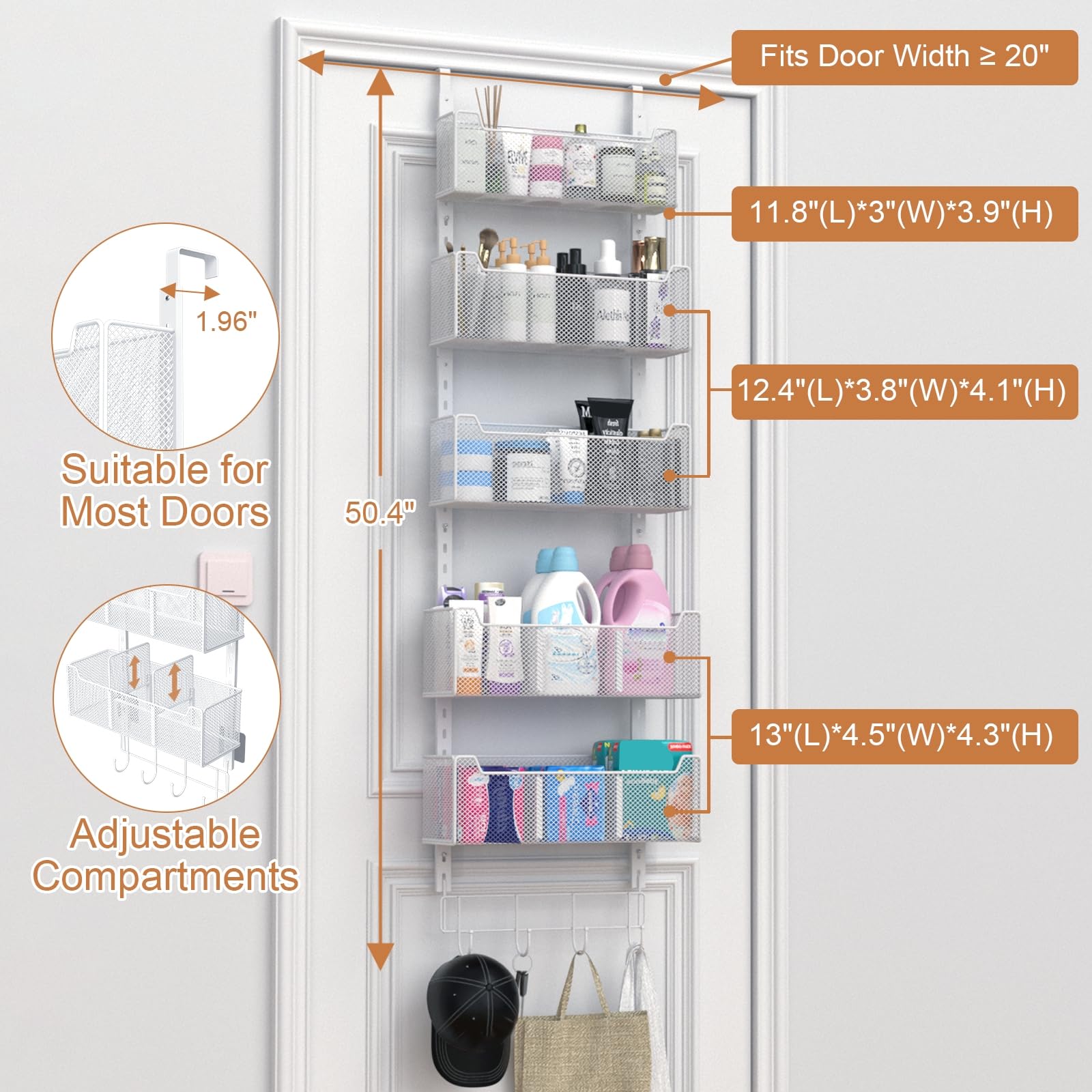 VyGrow Over The Door Organizer, Metal Door Organizer Hanging with 5 Adjustable Baskets and Coat