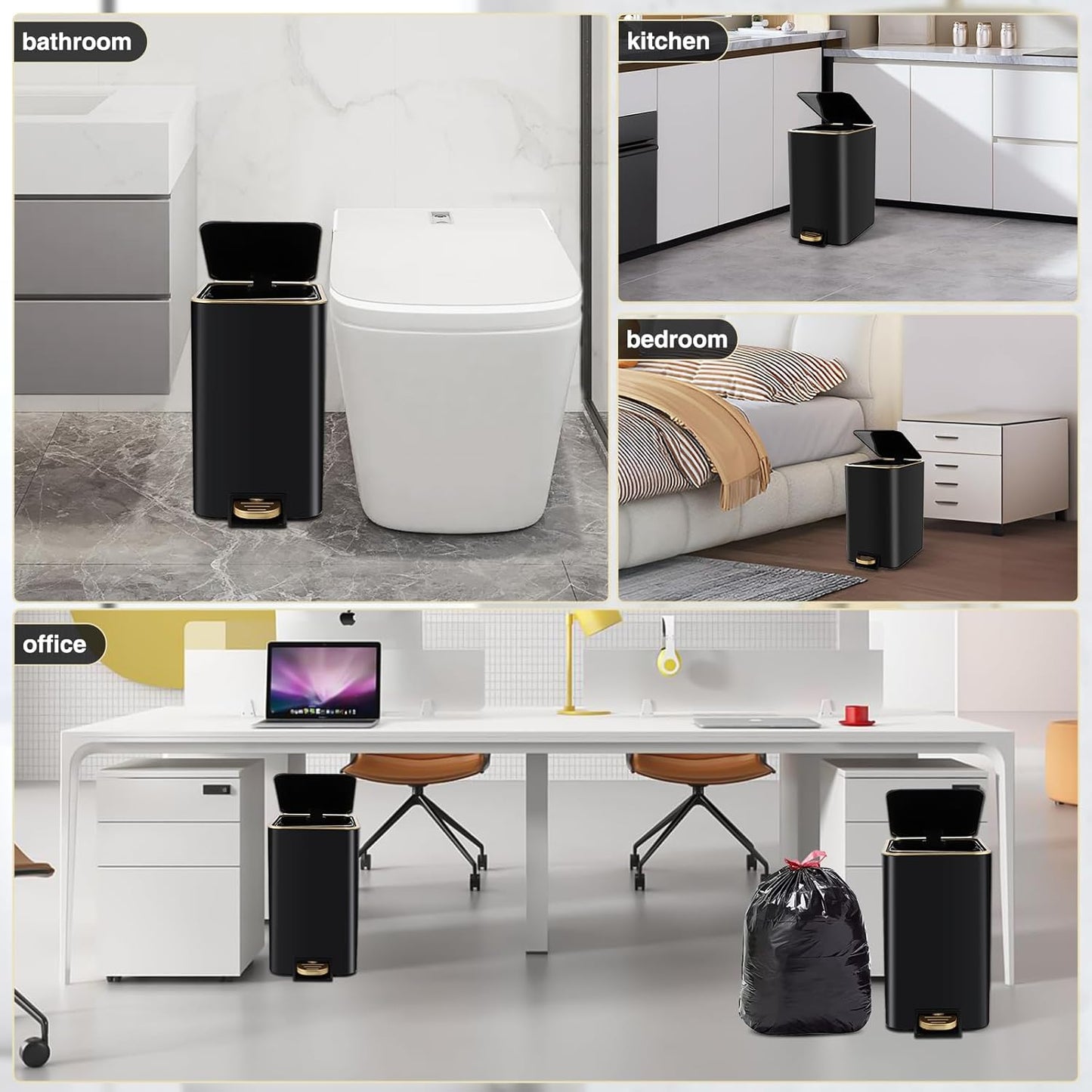 Small Bathroom Trash Can with Lid Soft Close, 1.8 Gallon Stainless Steel Garbage Can with Removable Inner Bucket,80Count Compostable Trash Bags, Slim Step Pedal Trash Bins